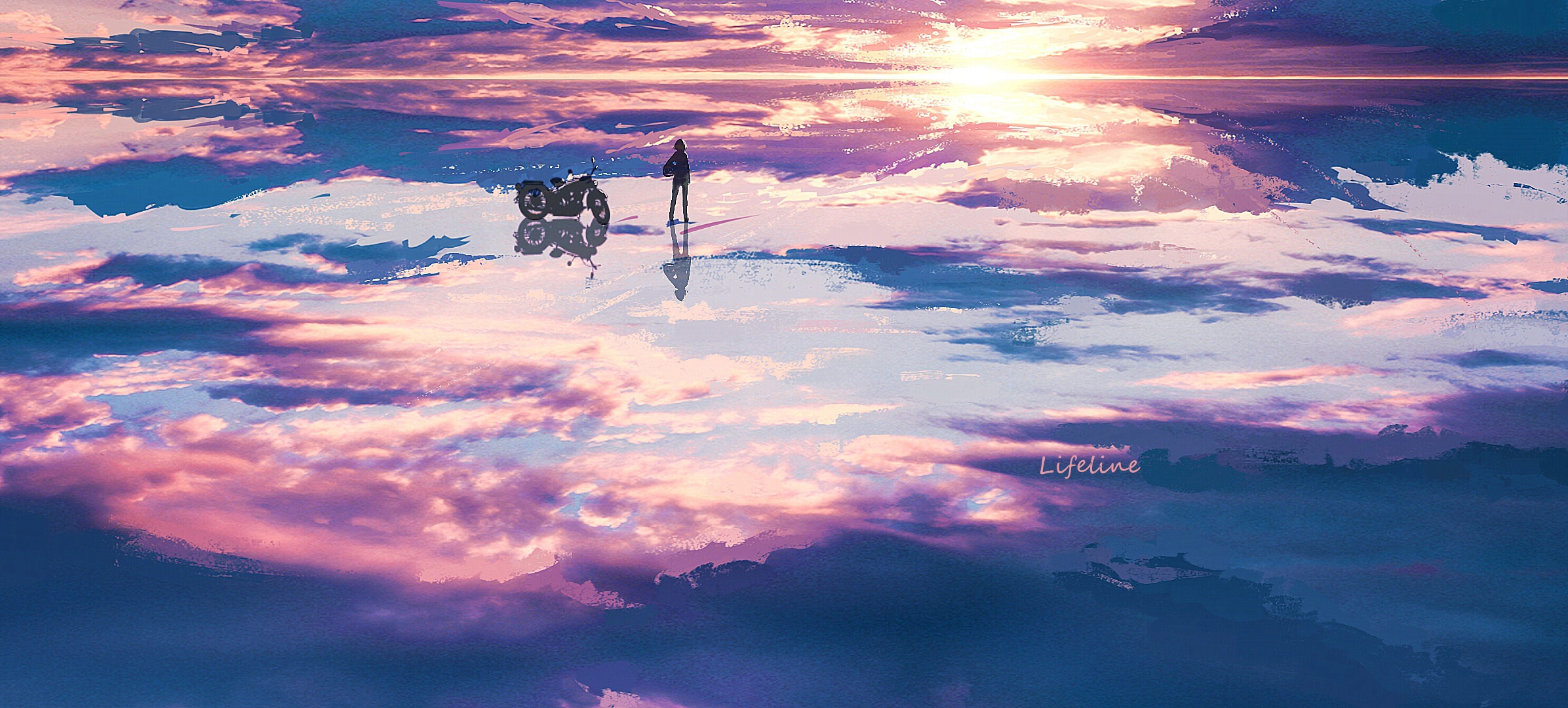 Download mobile wallpaper Anime, Sunset, Sky, Reflection, Motorcycle for free.