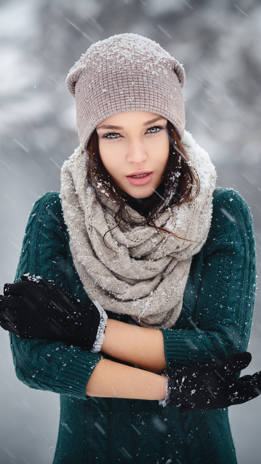 Download mobile wallpaper Hat, Model, Women, Snowfall, Scarf, Angelina Petrova for free.