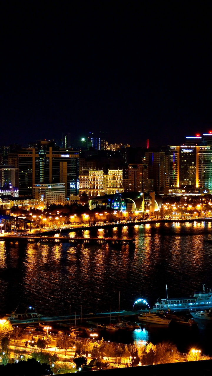 man made, baku, city, azerbaijan, light, building, night, cities