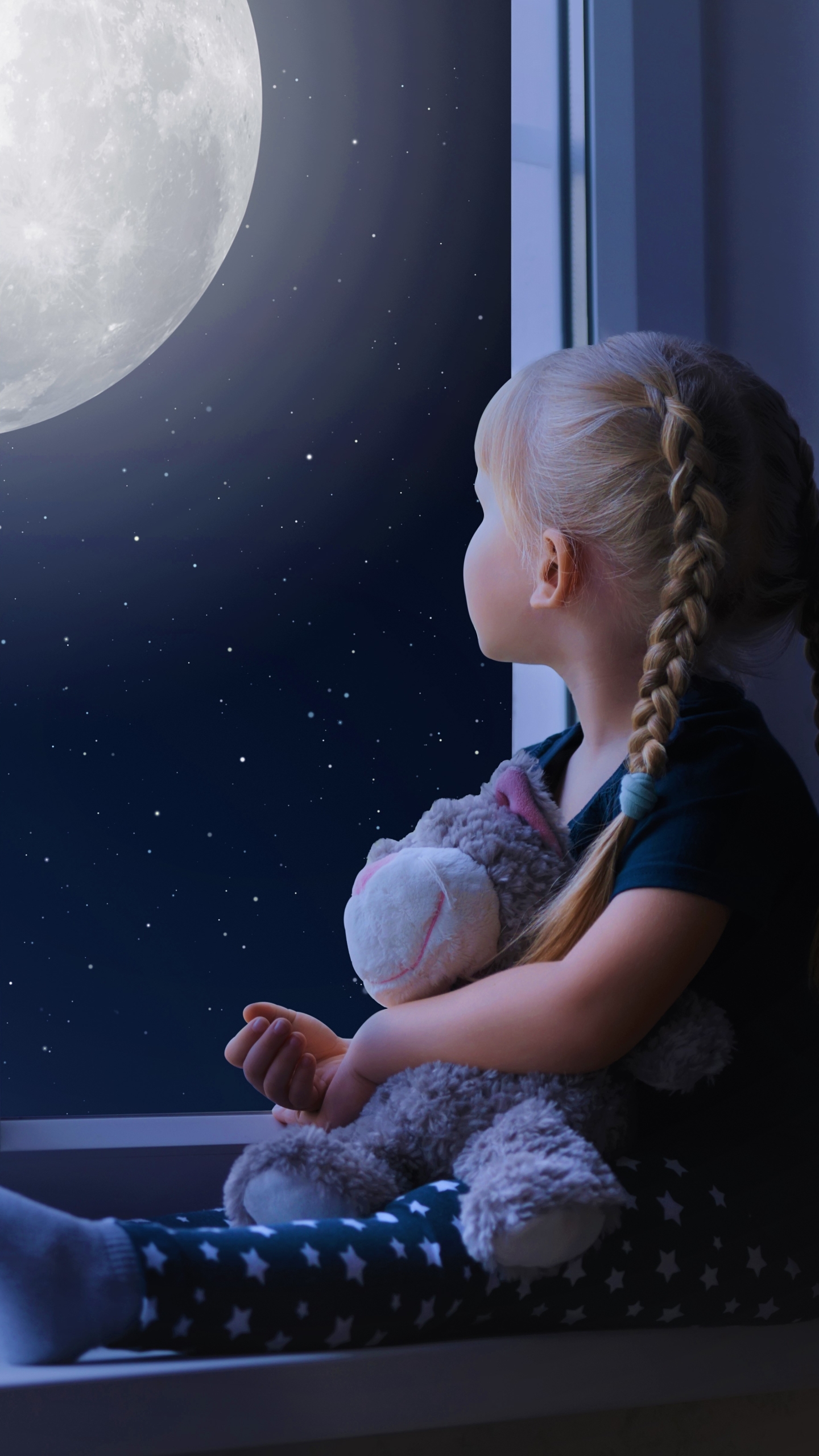 Download mobile wallpaper Night, Moon, Window, Child, Blonde, Cute, Photography, Little Girl for free.