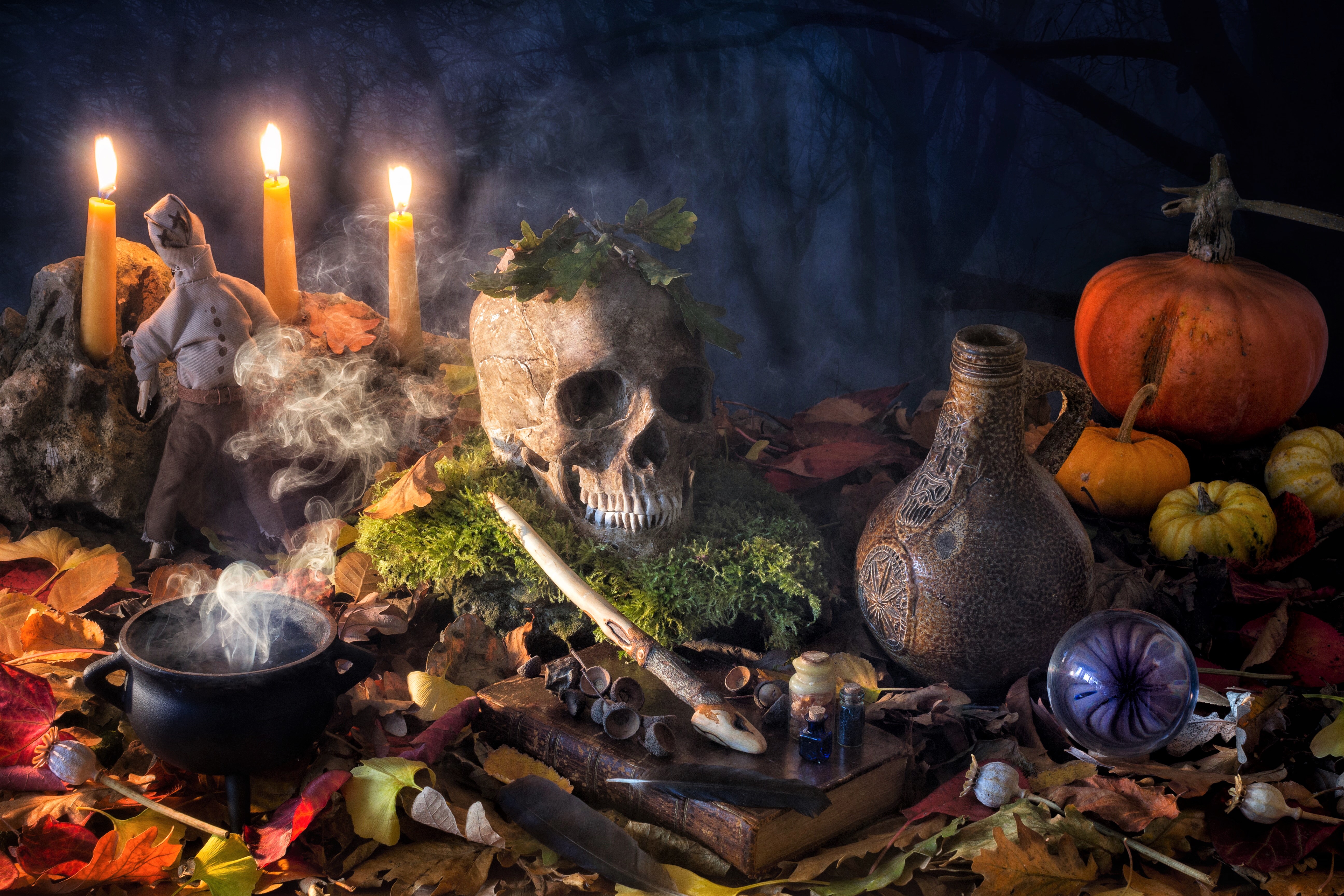 Download mobile wallpaper Halloween, Pumpkin, Still Life, Candle, Photography, Skeleton for free.
