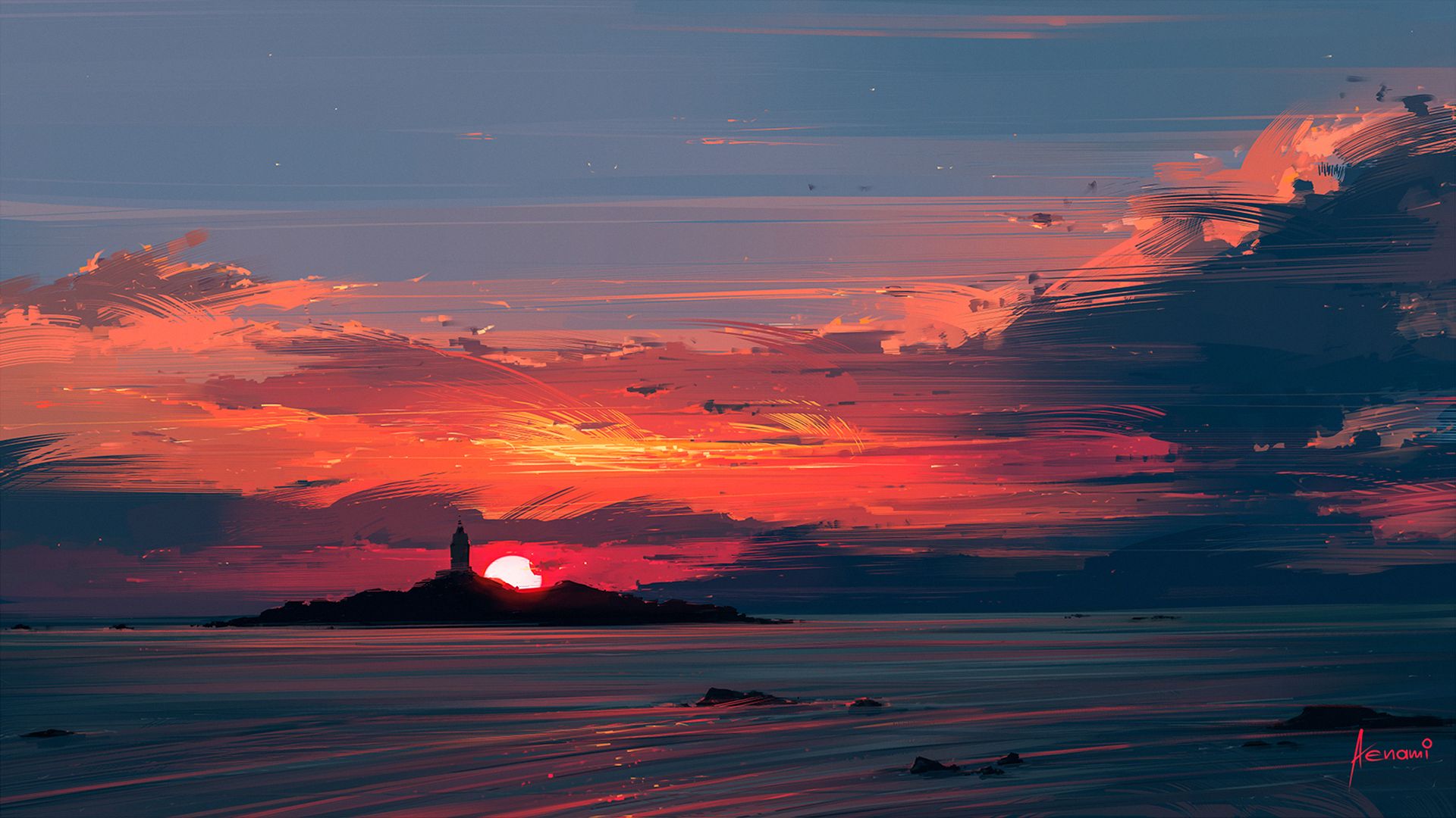 Laden Sie das Leuchtturm, Insel, Meer, Himmel, Sonnenuntergang, Künstlerisch-Bild kostenlos auf Ihren PC-Desktop herunter