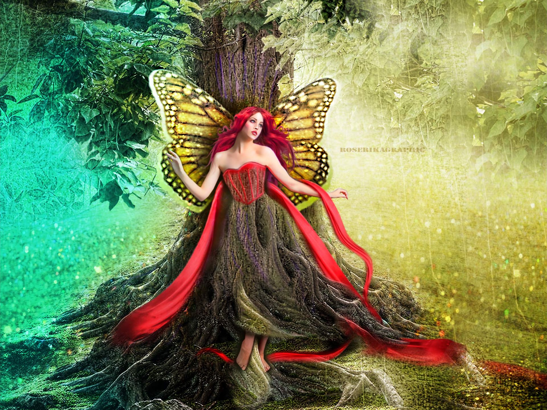 無料モバイル壁紙蝶, ファンタジー, 赤毛, 翼, 妖精をダウンロードします。