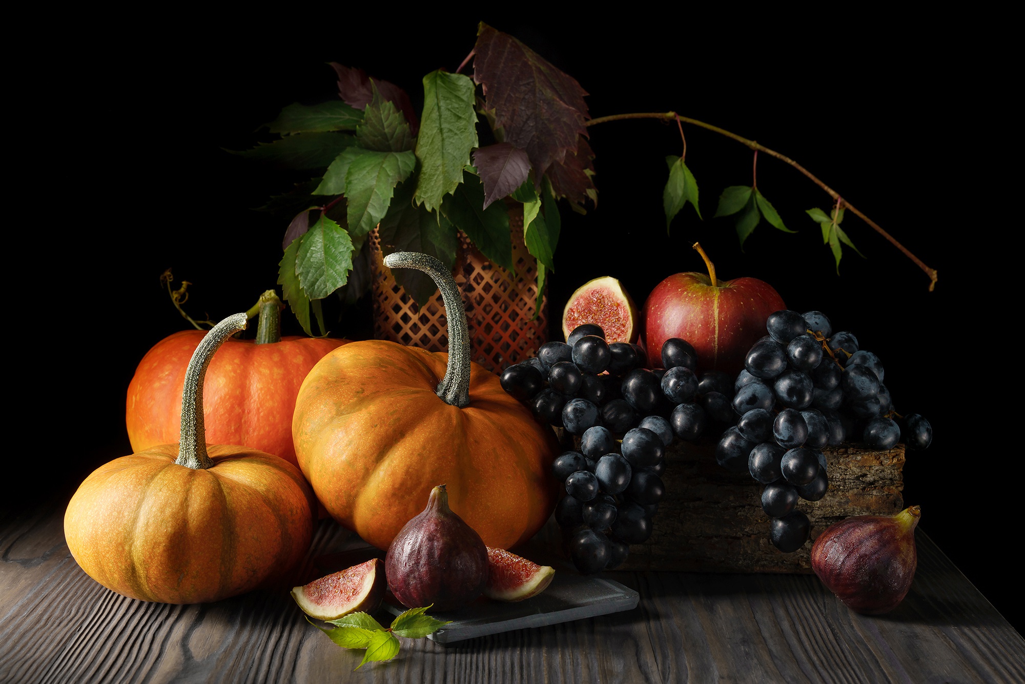 Download mobile wallpaper Food, Grapes, Pumpkin, Still Life, Fruit, Fig for free.