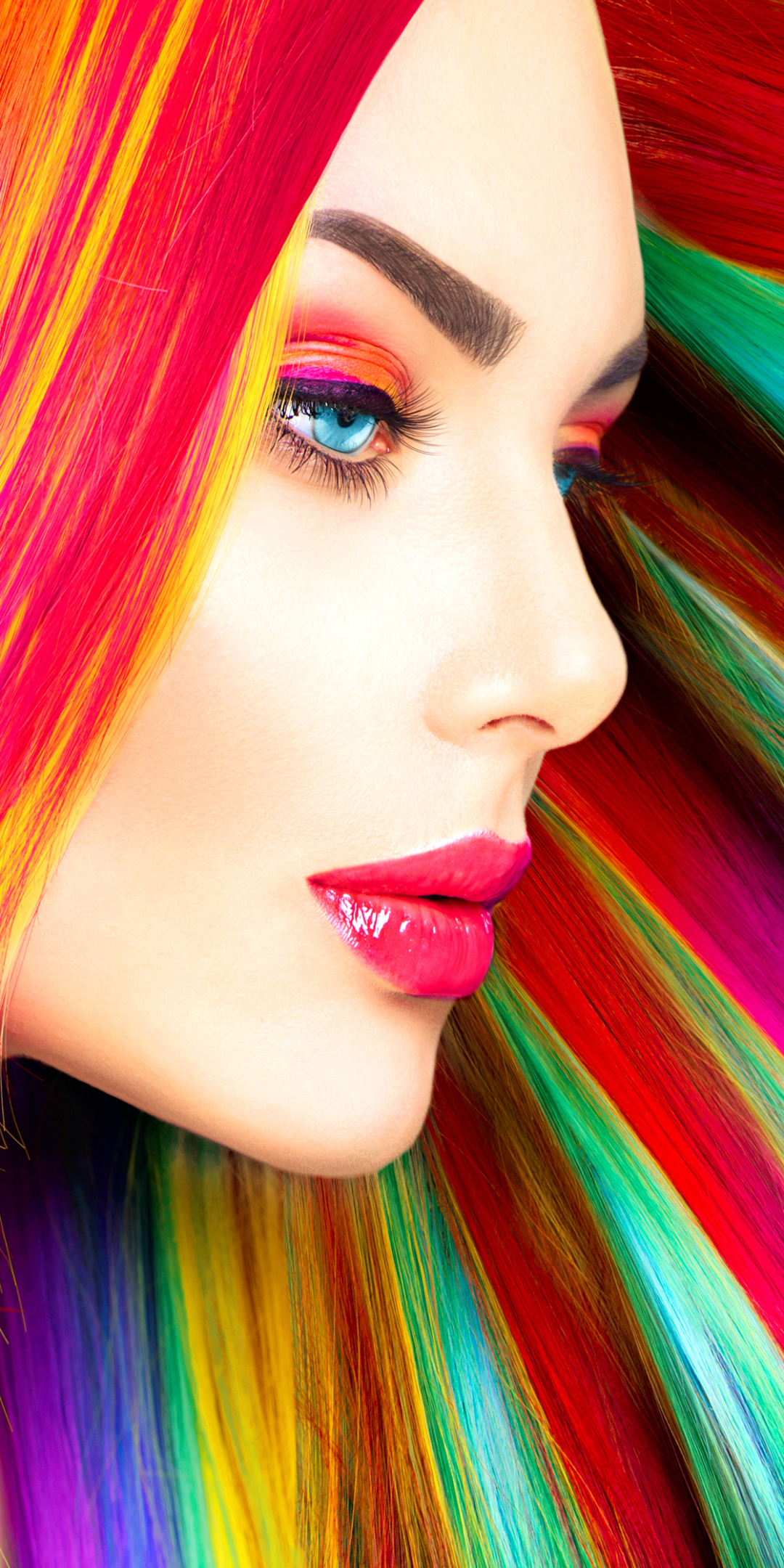 Download mobile wallpaper Bright, Colors, Colorful, Hair, Women, Blue Eyes, Lipstick for free.