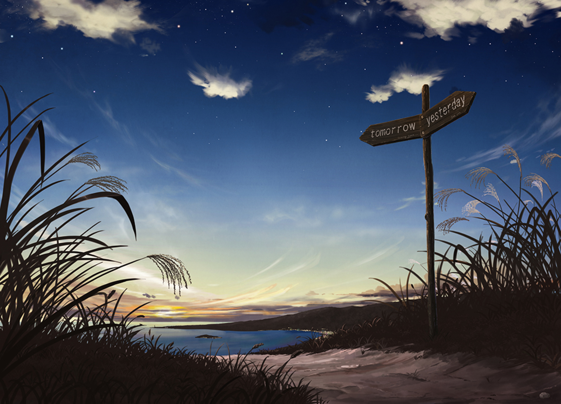 Free download wallpaper Anime, Ocean, Starry Sky, Sunrise, Path, Sign, Original on your PC desktop
