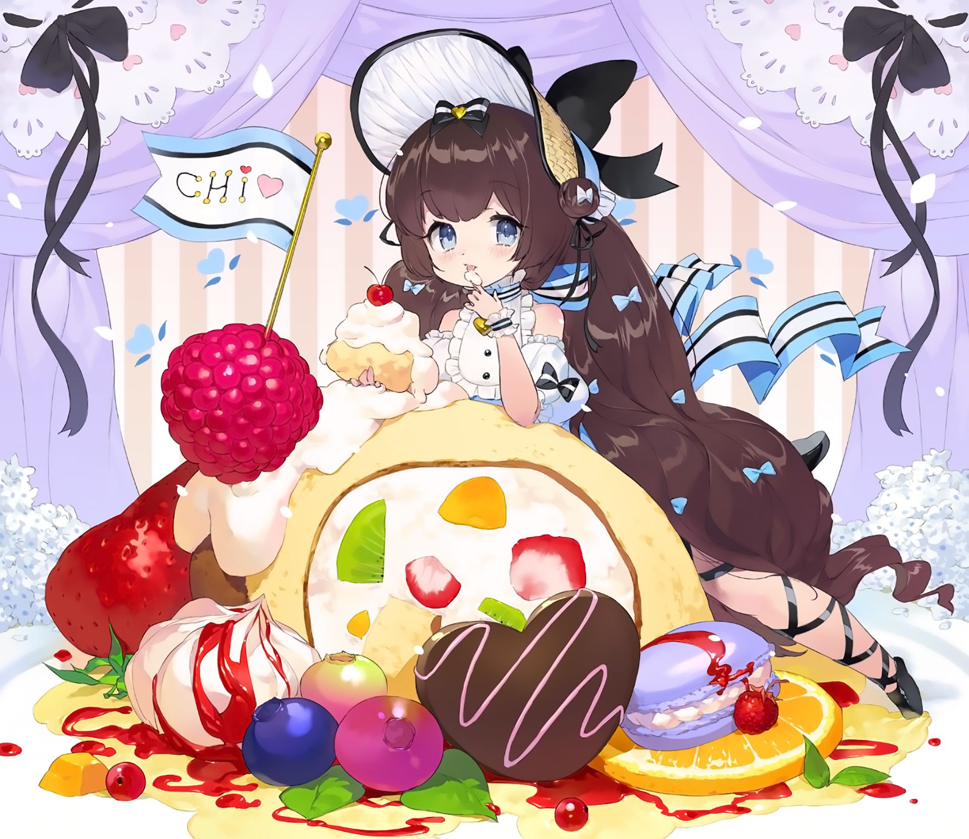 Download mobile wallpaper Anime, Chocolate, Cake, Hat, Original, Long Hair, Orange (Color) for free.