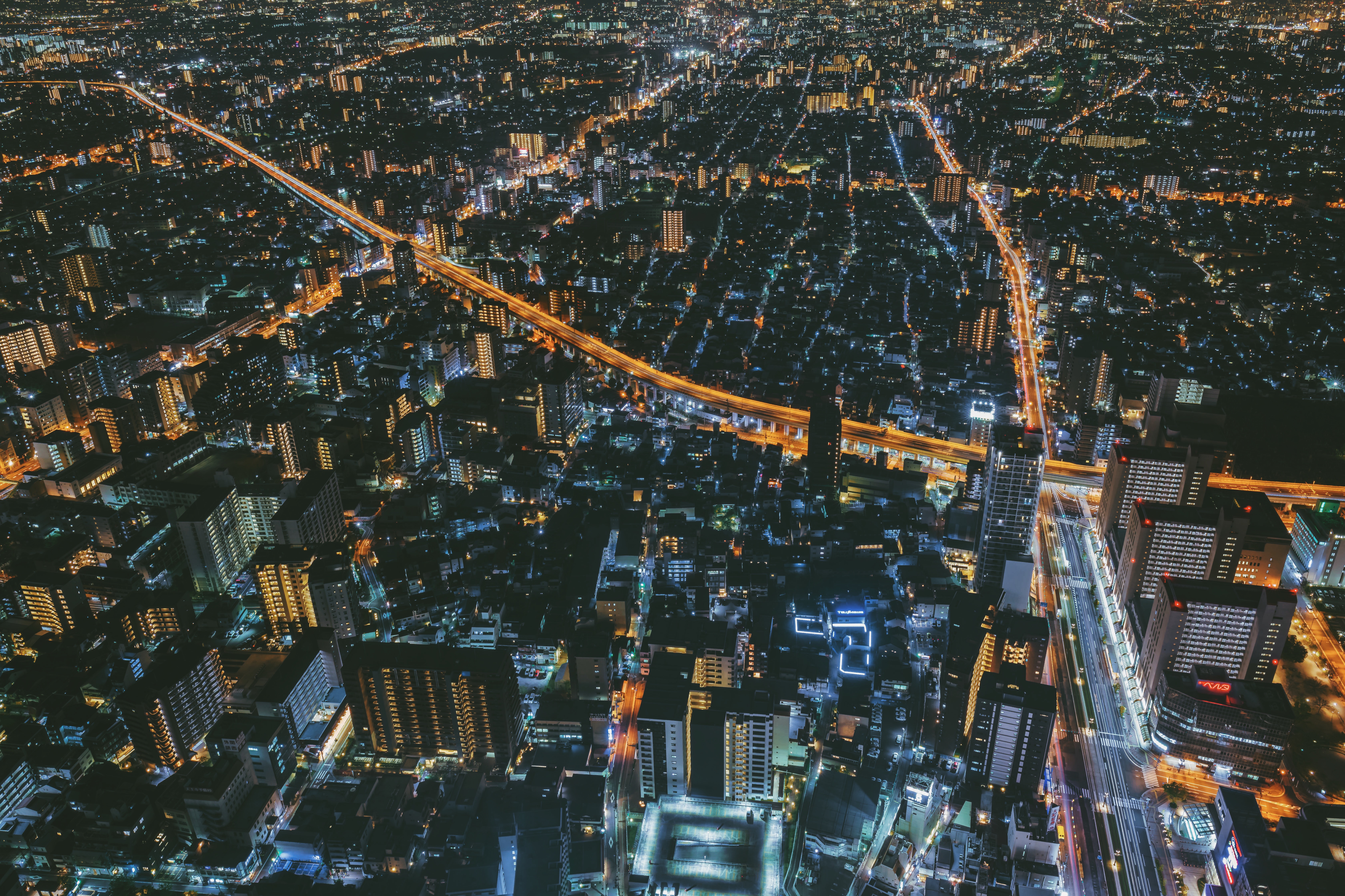 Download mobile wallpaper View From Above, Night City, Osaka, Cities, City Lights, Japan for free.