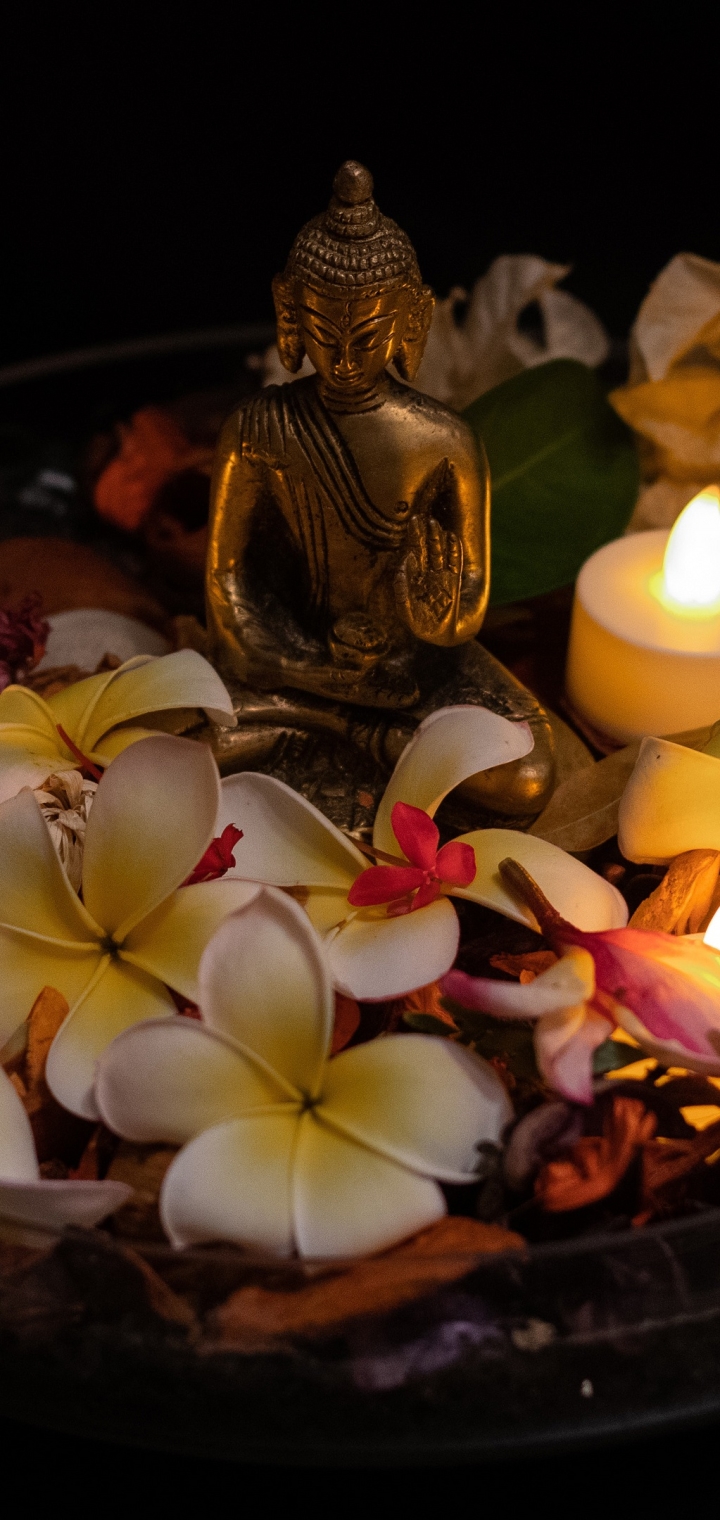 Download mobile wallpaper Buddha, Flower, Candle, Figurine, Petal, Relax, Religious for free.