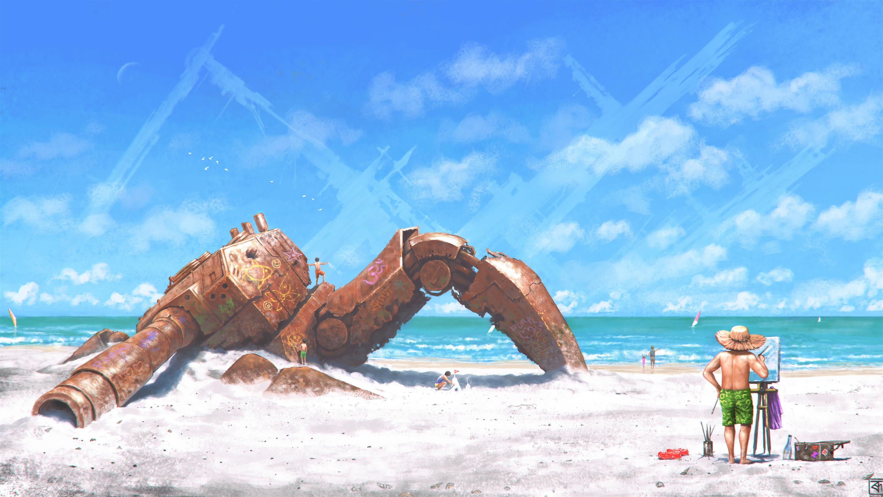 Download mobile wallpaper Beach, Sand, Robot, Sci Fi, Wreck for free.