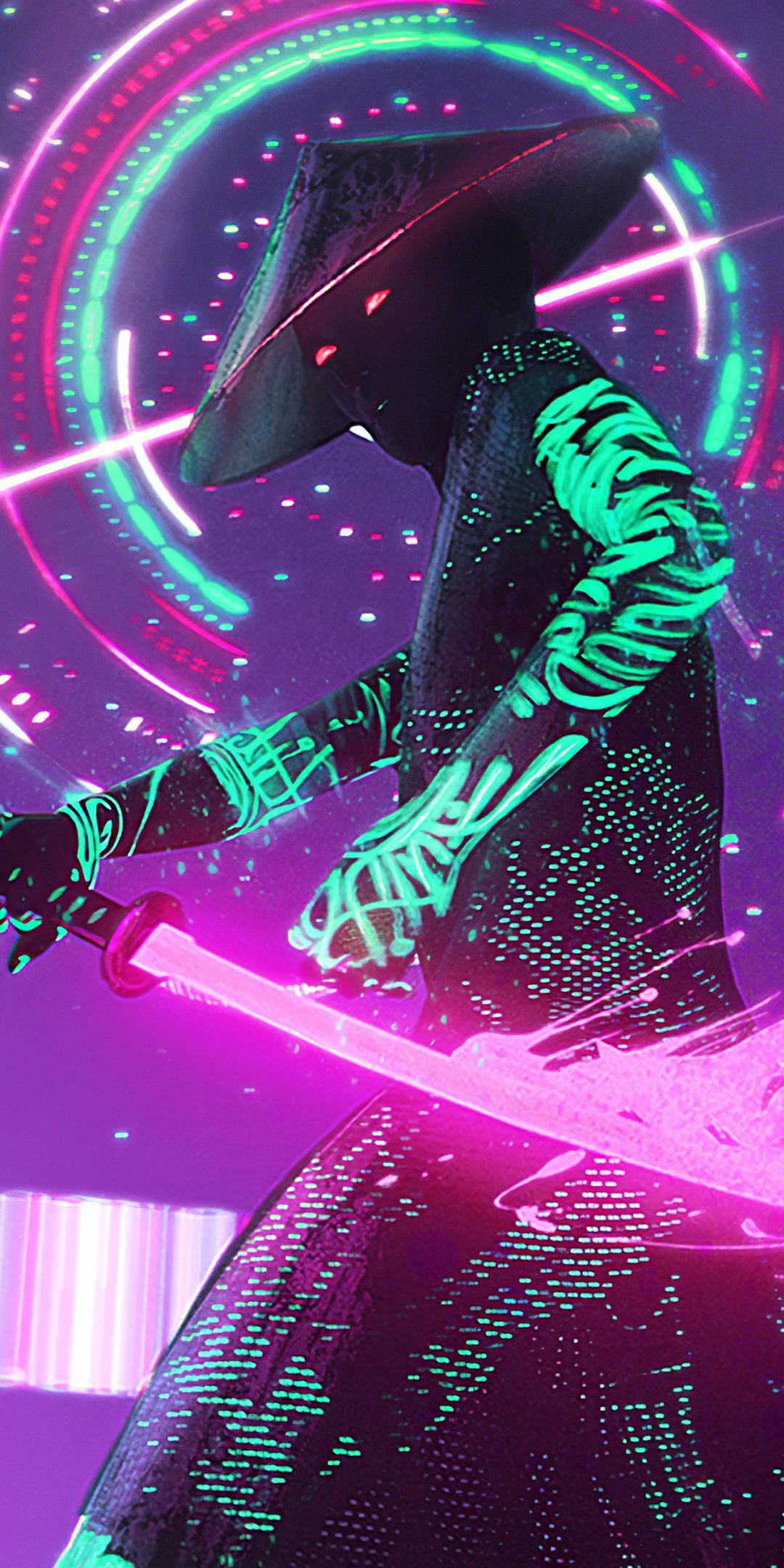 Handy-Wallpaper Cyberpunk, Neon, Krieger, Science Fiction, Samurai, Schwert kostenlos herunterladen.