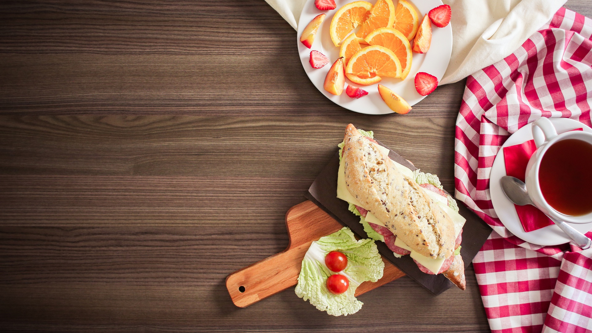 Free download wallpaper Food, Still Life, Fruit, Tea, Sandwich on your PC desktop
