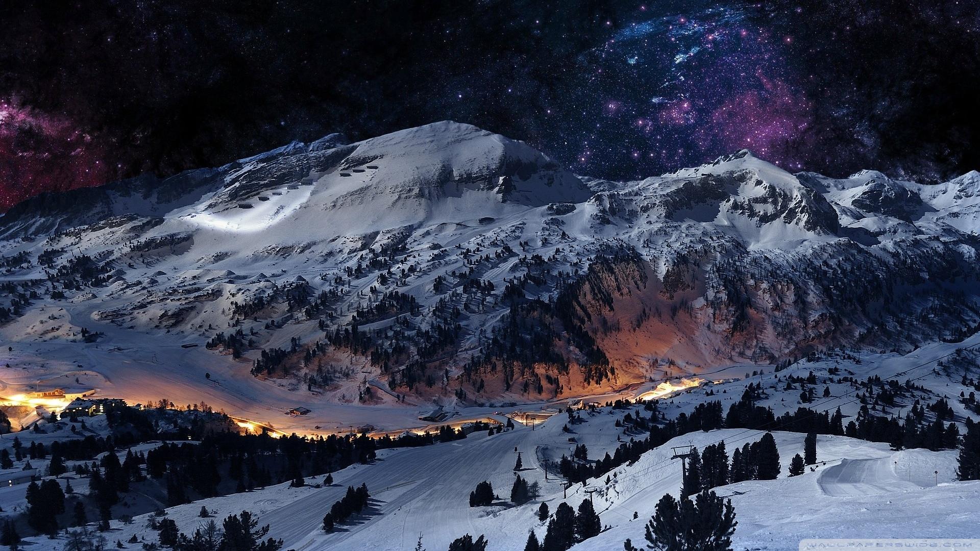 無料モバイル壁紙冬, 雪, 山, 光, 星空, 天の川, 村, 夜, 写真撮影, 空をダウンロードします。