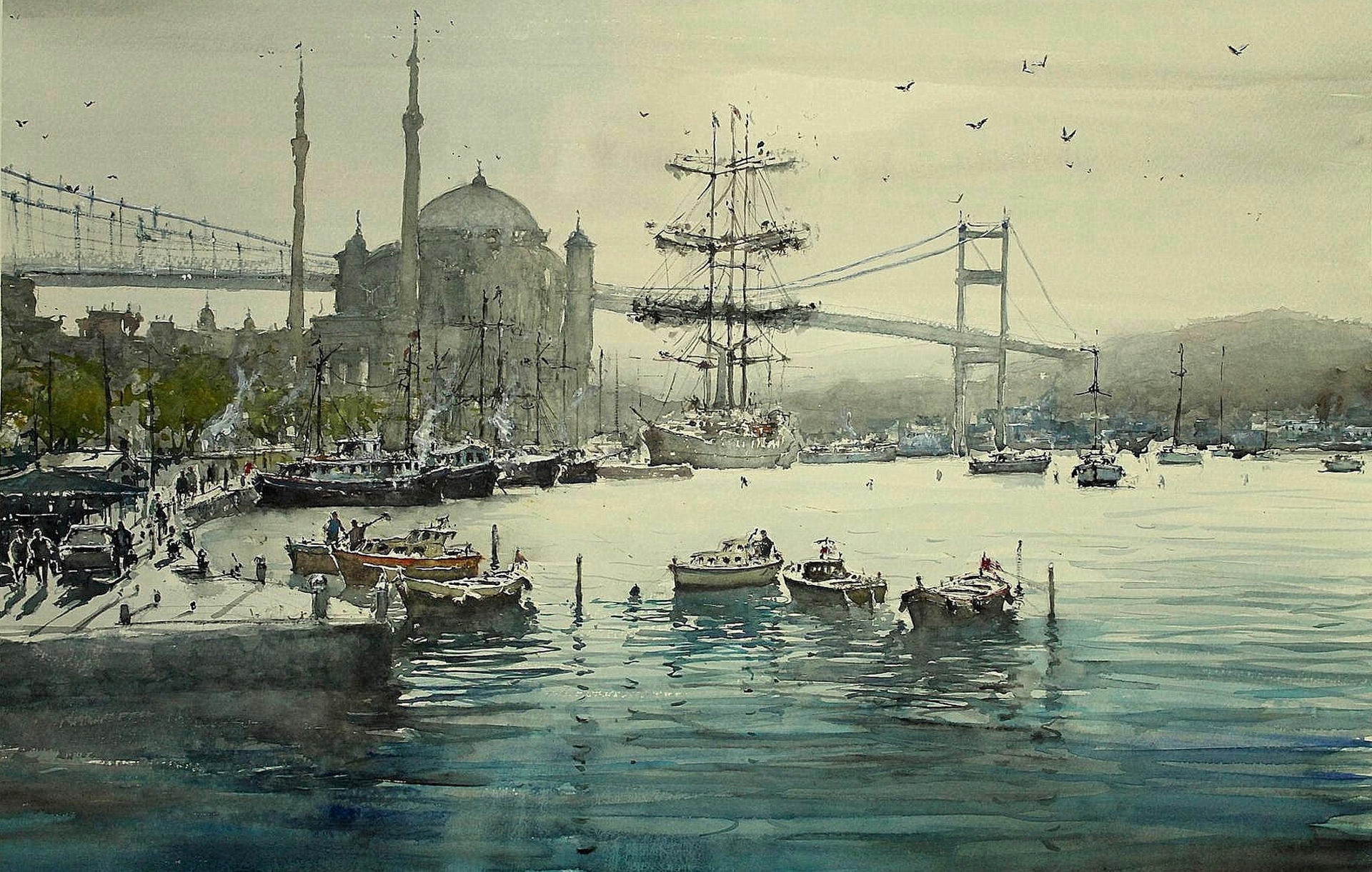 Laden Sie das Fluss, Brücke, Boot, Malerei, Moschee, Istanbul, Künstlerisch-Bild kostenlos auf Ihren PC-Desktop herunter