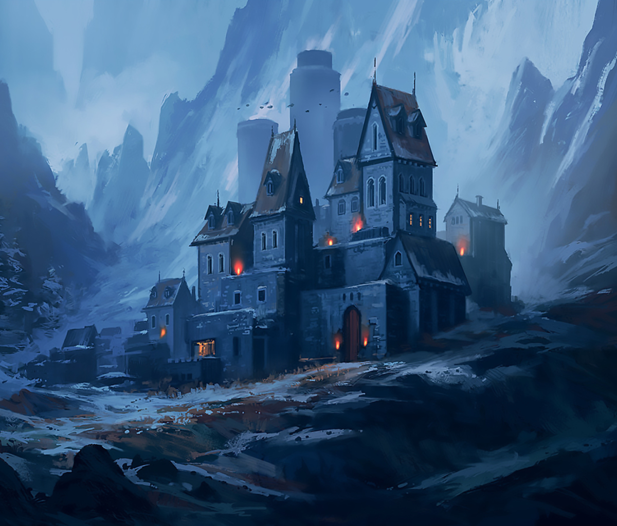 Download mobile wallpaper Fantasy, Snow, Castles, Mountain, Fog, Castle for free.