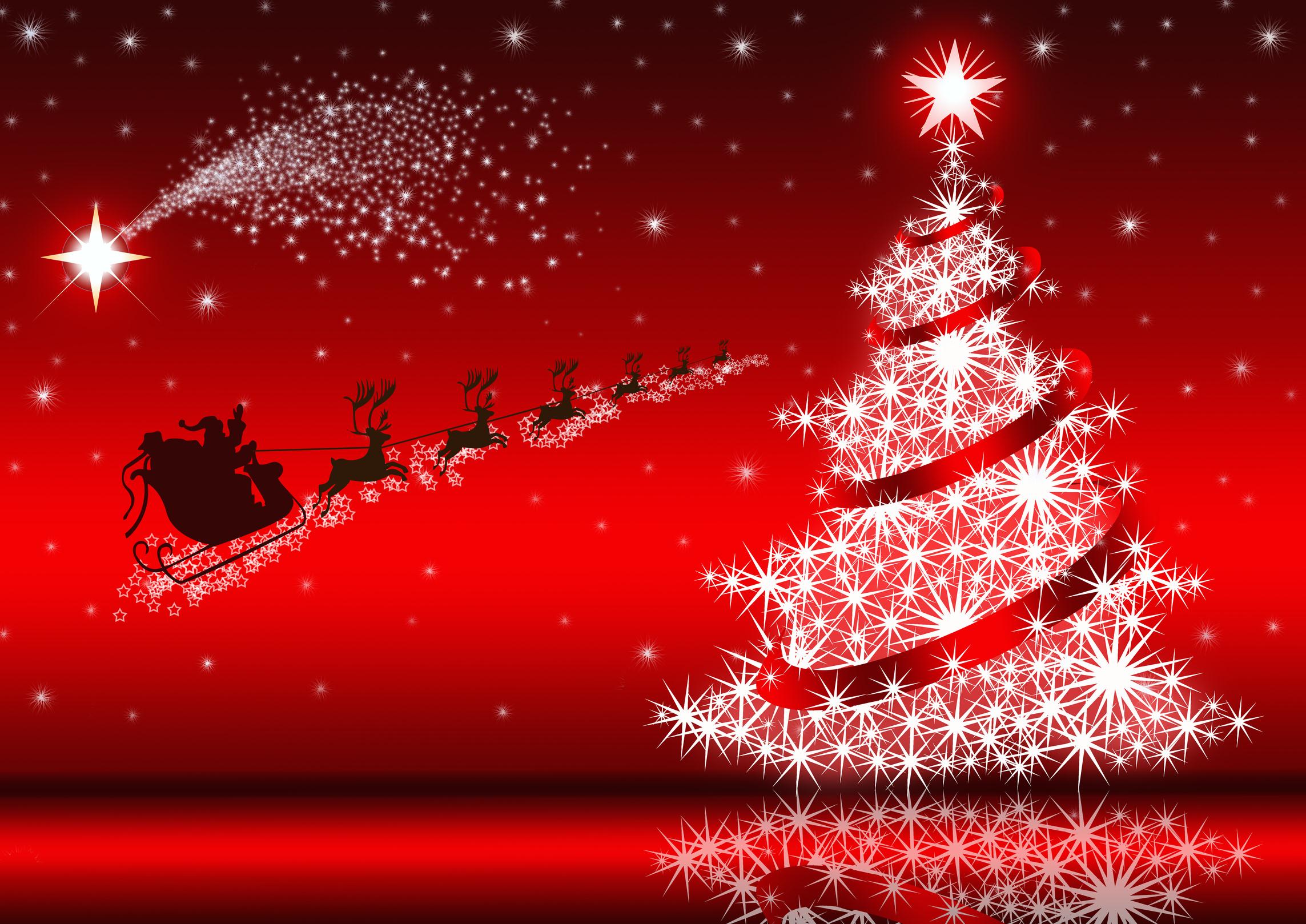 santa claus, holiday, christmas, christmas tree, red, reindeer, sleigh, stars