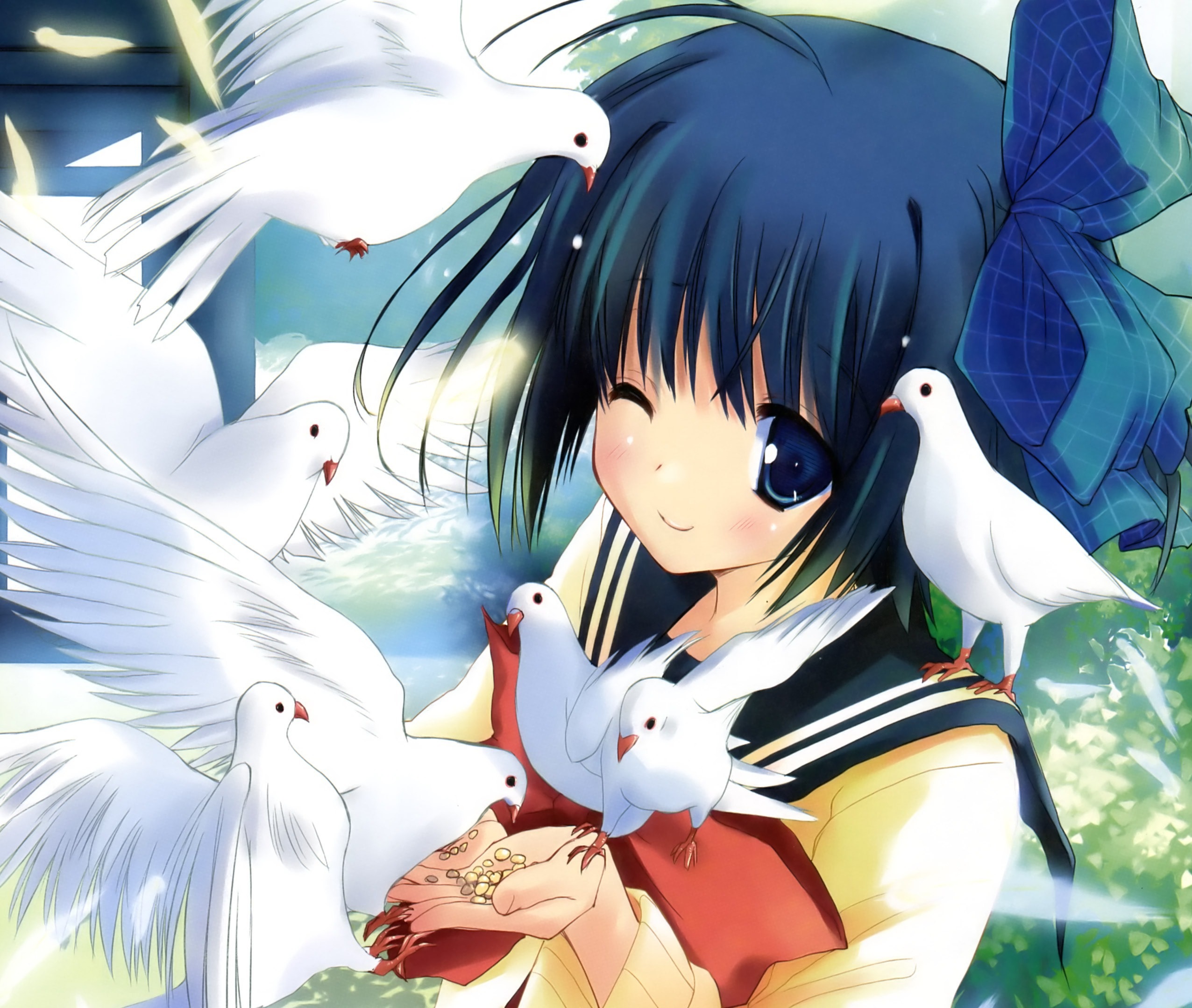 Download mobile wallpaper Anime, Smile, Ribbon, Blue Eyes, Wink, Original, Blue Hair for free.