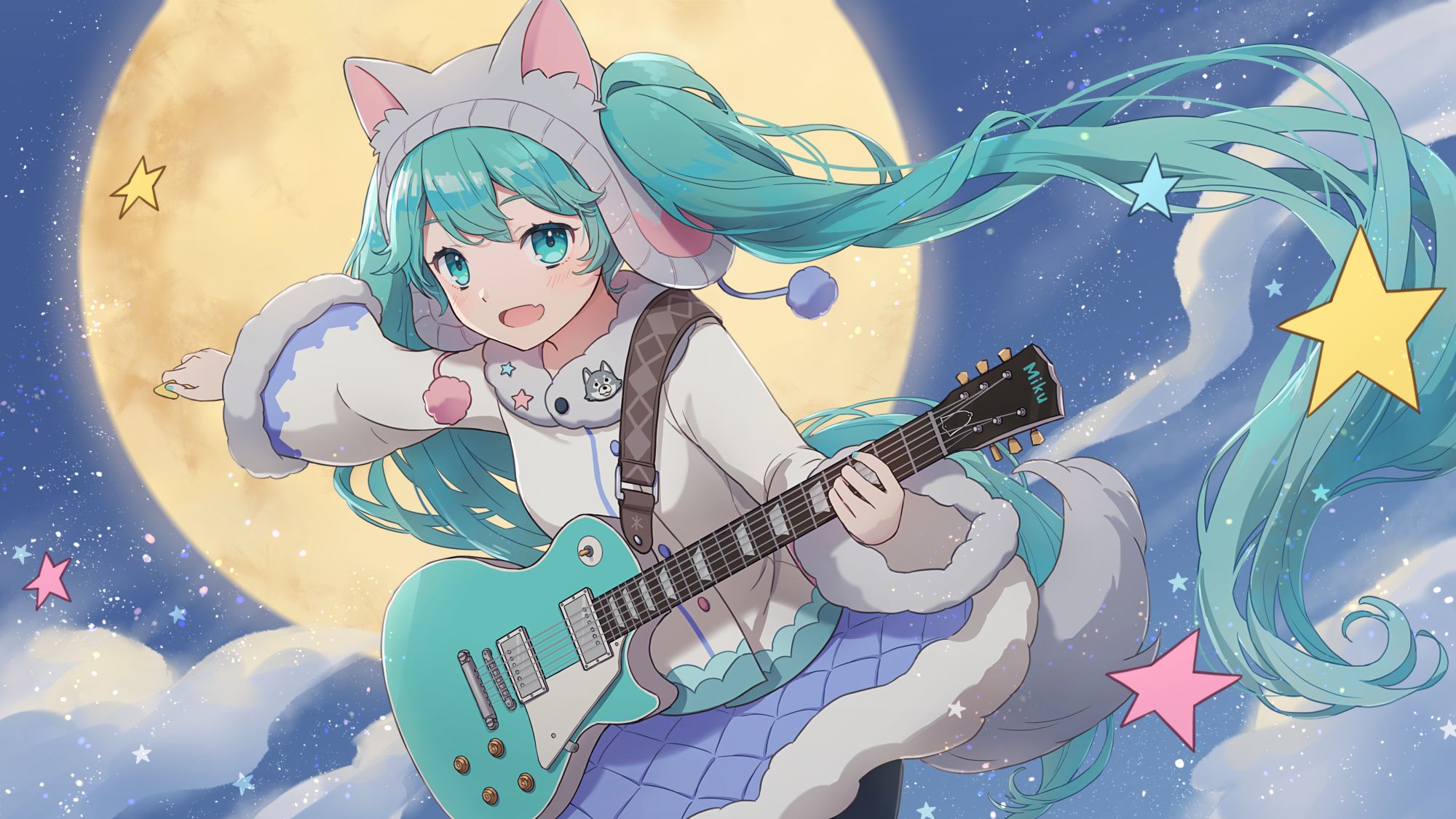 Download mobile wallpaper Anime, Guitar, Vocaloid, Hatsune Miku, Long Hair, Aqua Eyes, Aqua Hair, Instrument for free.