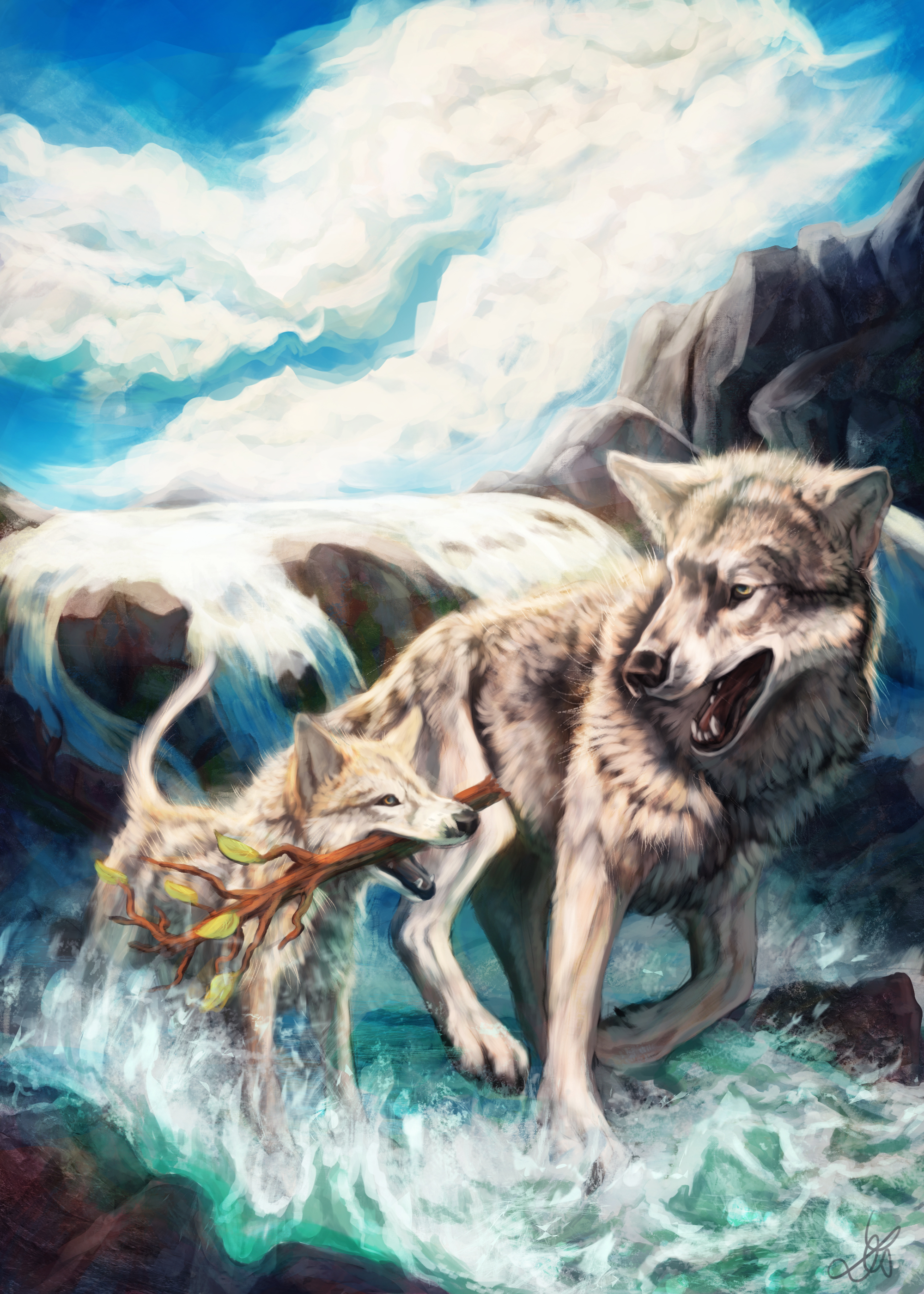 wolfs, rivers, art, branch, wildlife 1080p