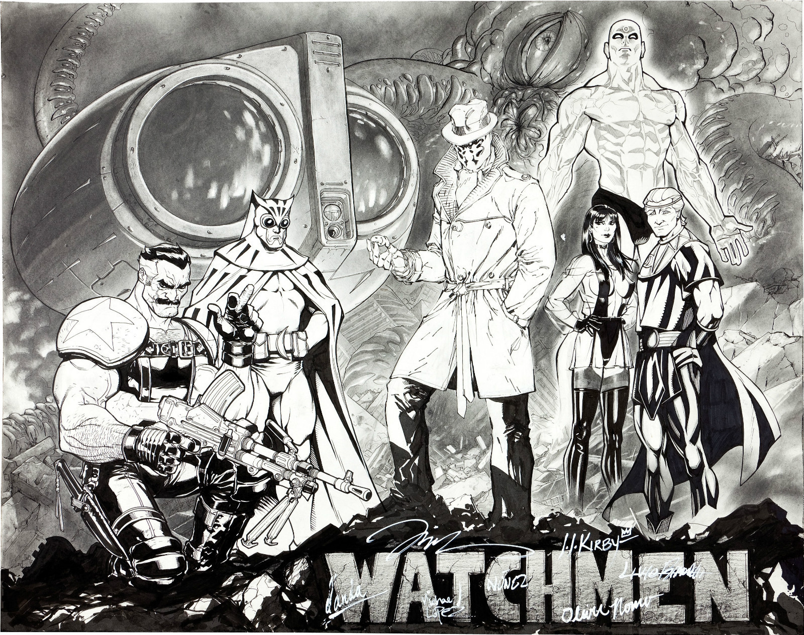 the comedian (watchmen), doctor manhattan, comics, watchmen, jim lee, nite owl, rorschach, silk spectre