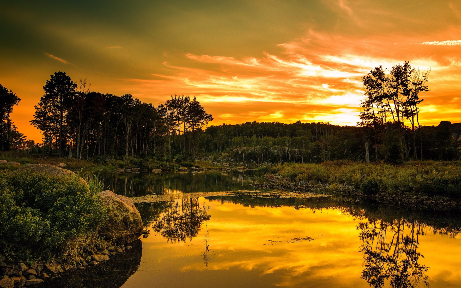 Free download wallpaper Landscape, Sunset, Sky, Sun, Reflection, Forest, Sunrise, Earth, Hdr, Cloud, Scenic on your PC desktop