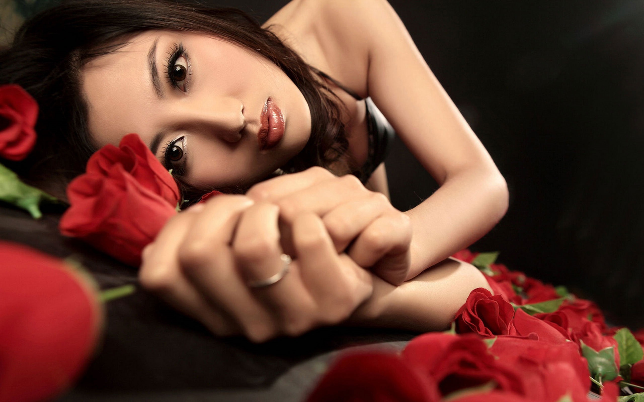 women, asian, close up, face, hair, red rose, ring
