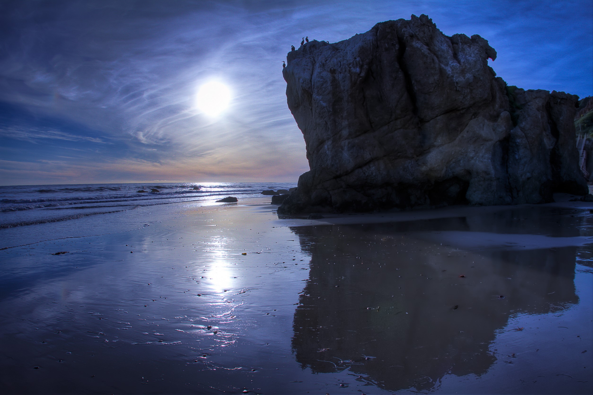 earth, rock, beach, california, horizon, malibu, moon, night, ocean, reflection, sea