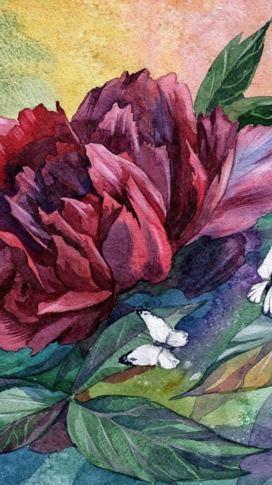 無料モバイル壁紙蝶, 葉, 花, ペインティング, 芸術的をダウンロードします。