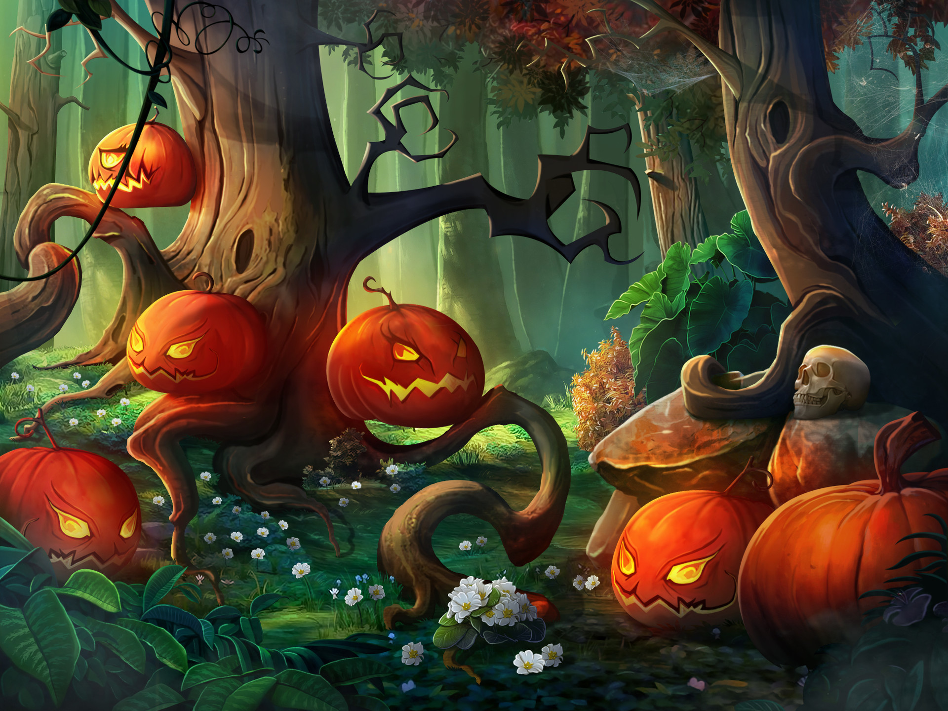 Laden Sie das Feiertage, Halloween, Kürbis, Wald, Jack O' Laterne-Bild kostenlos auf Ihren PC-Desktop herunter