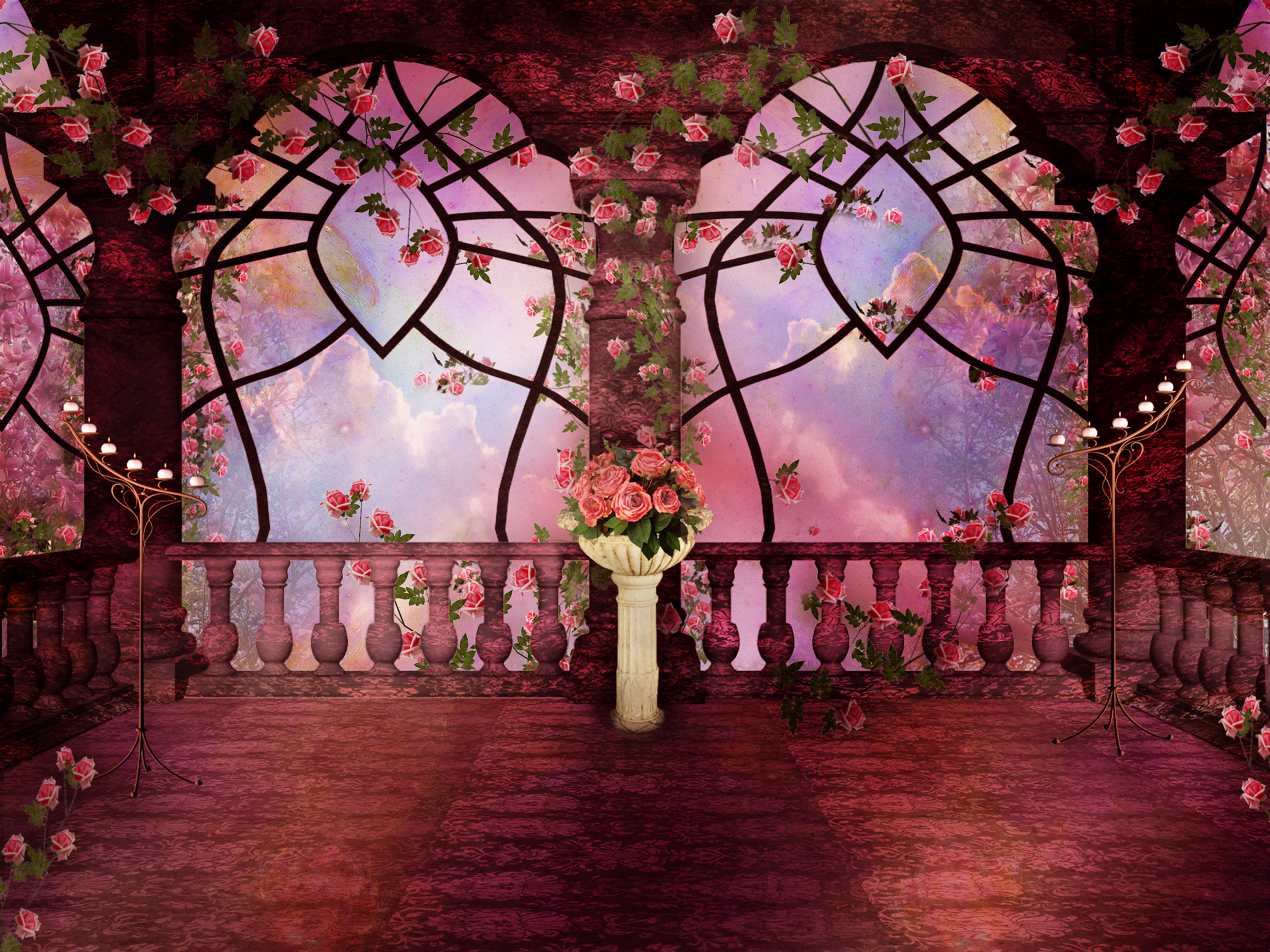 743131 завантажити шпалери художній, роза, арк, свічка, стовпці, фантазія, готика, рожева троянда - заставки і картинки безкоштовно
