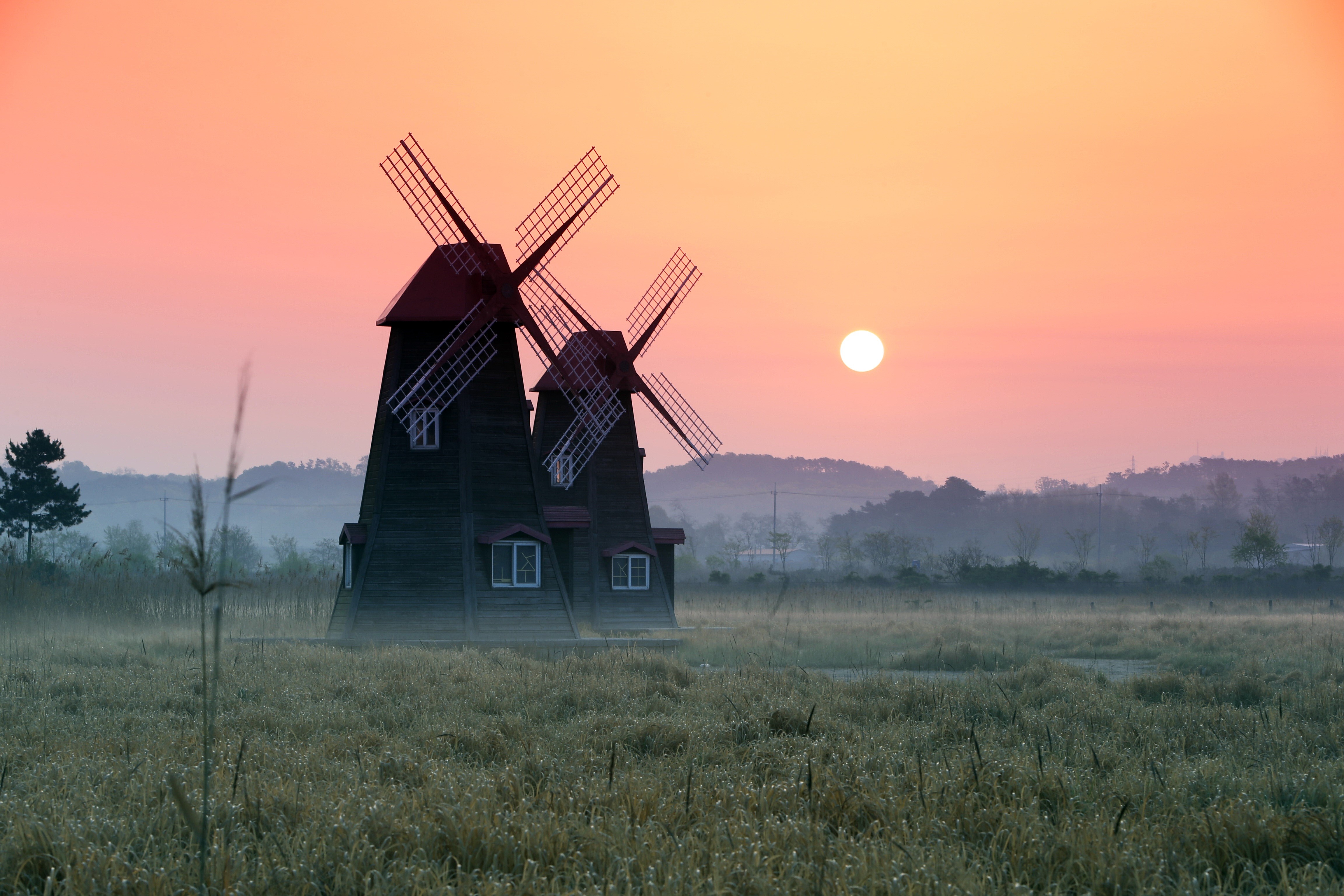 Handy-Wallpaper Gebäude, Nebel, Sonnenaufgang, Windmühle, Menschengemacht kostenlos herunterladen.