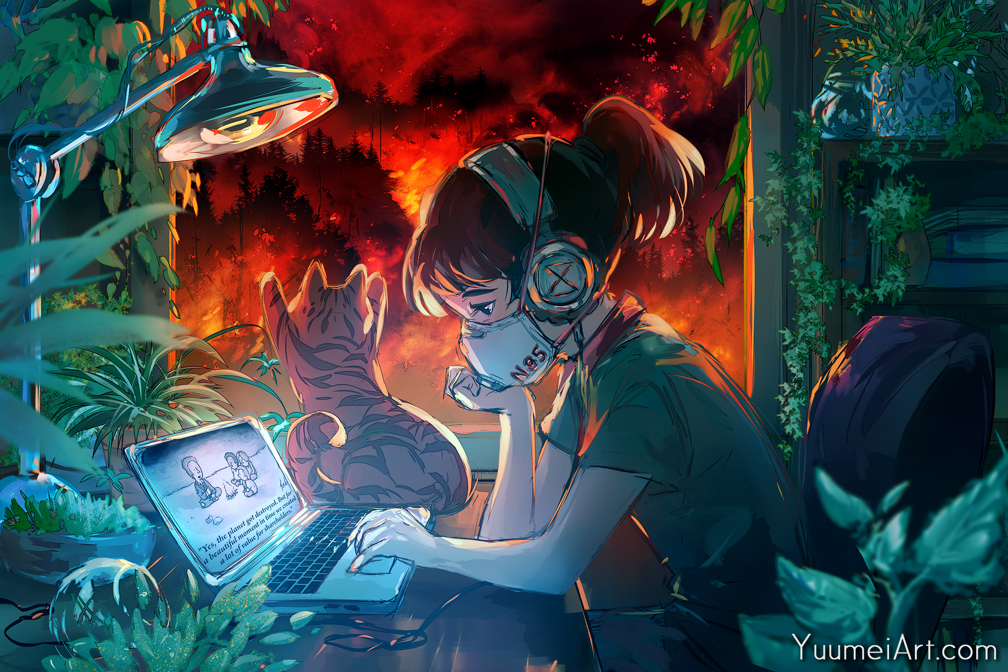 Free download wallpaper Anime, Fire, Headphones, Cat, Mask, Original on your PC desktop