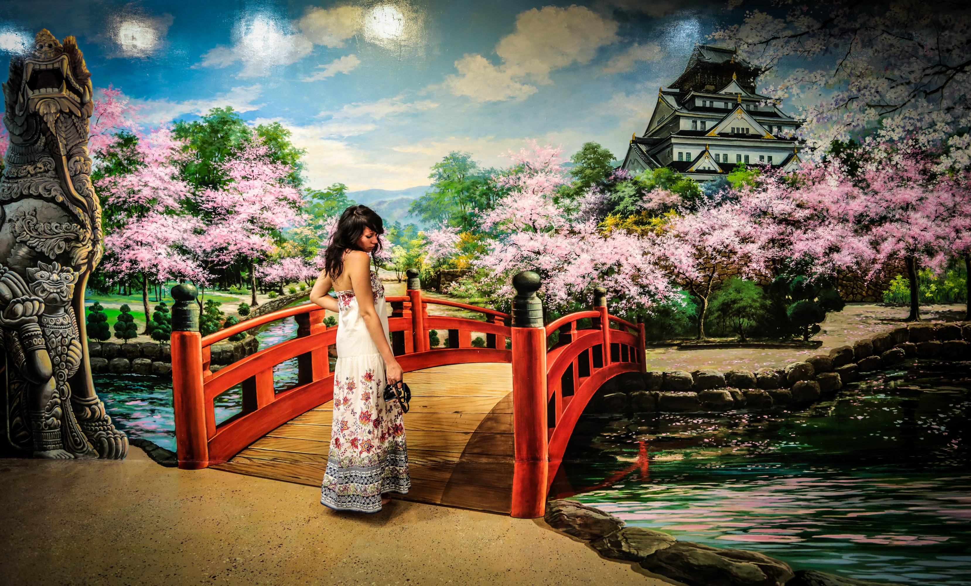 Download mobile wallpaper Bridge, Spring, Artistic, Japanese Garden for free.