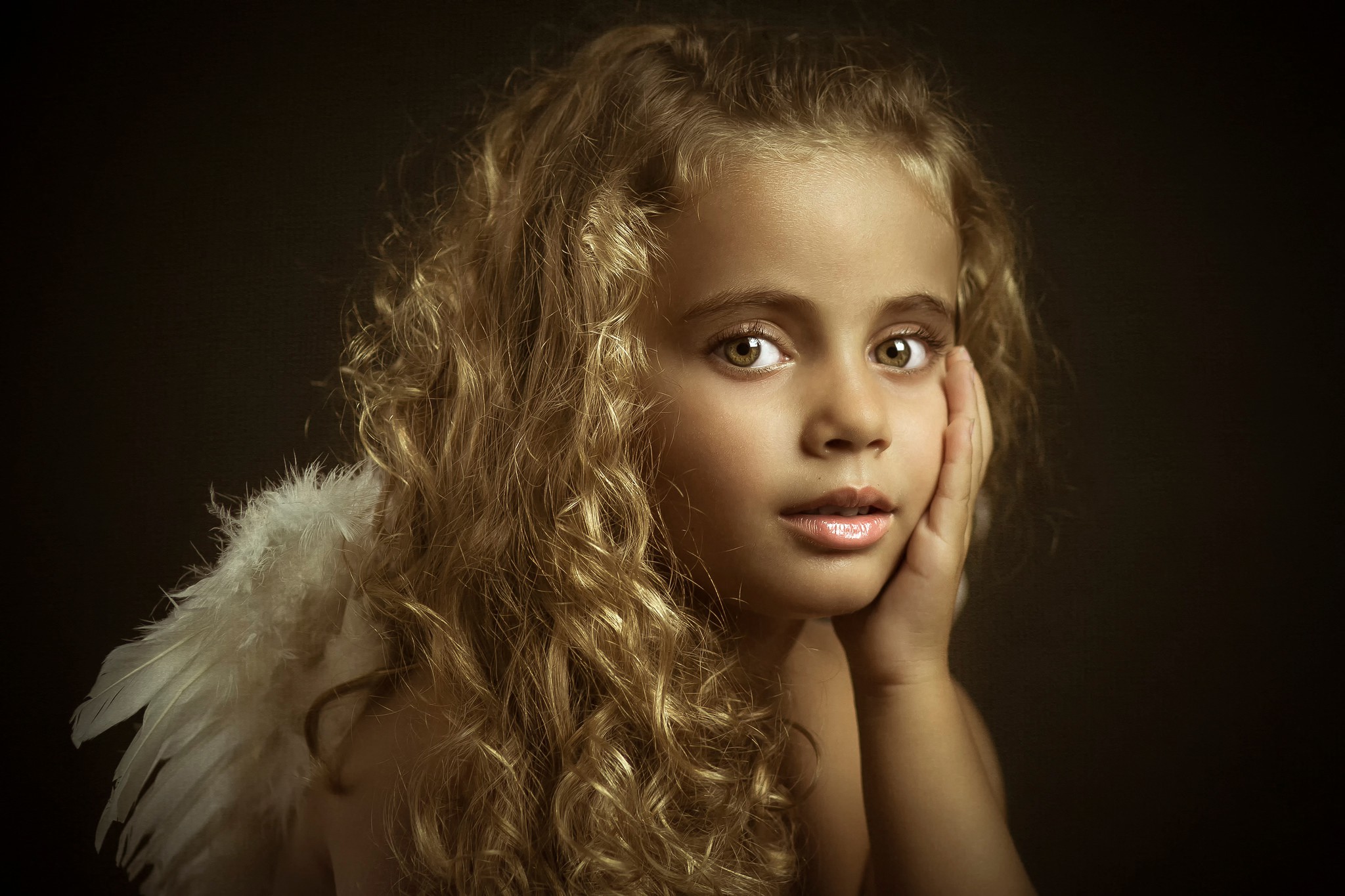 Download mobile wallpaper Wings, Angel, Child, Blonde, Face, Photography, Little Girl for free.