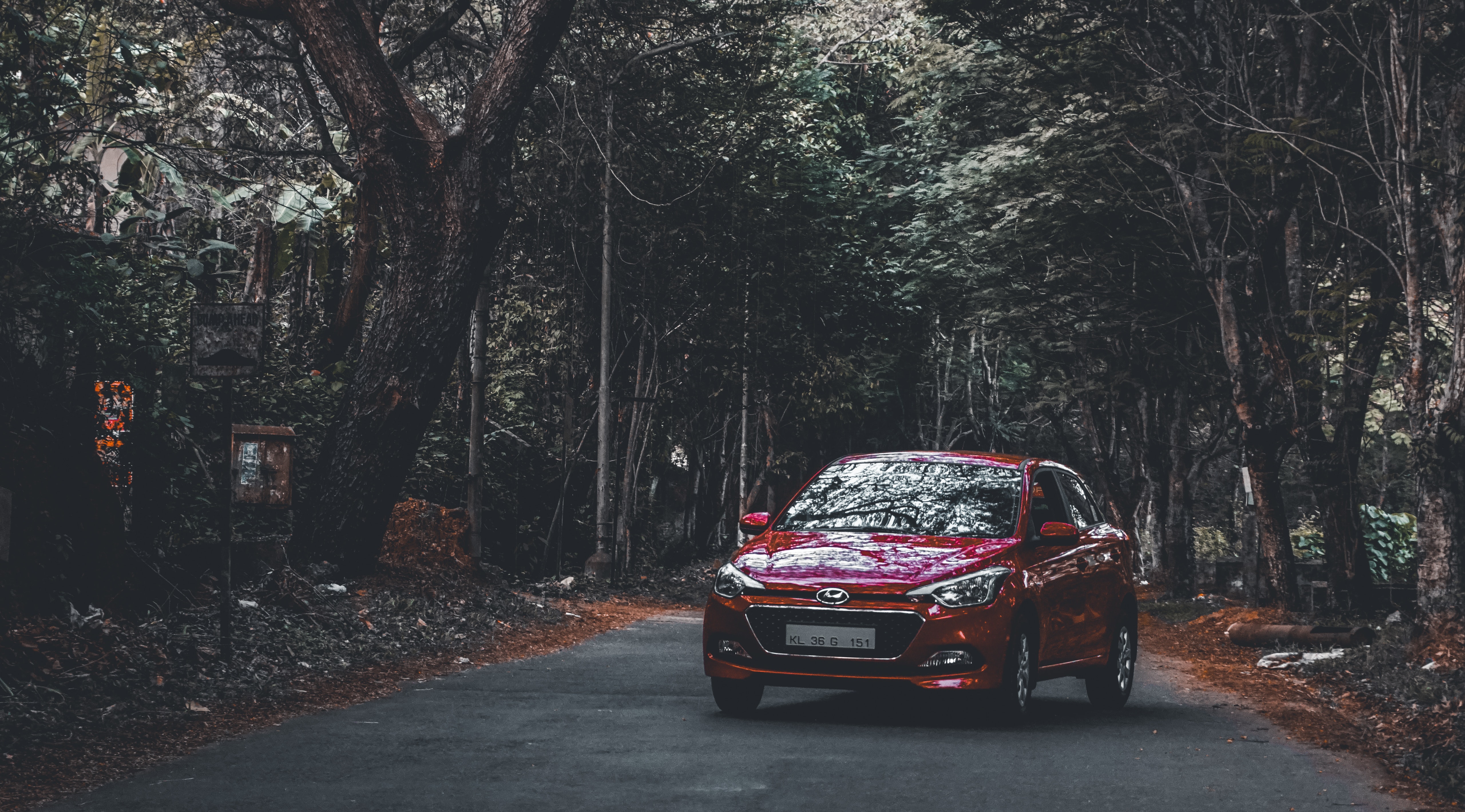 Download mobile wallpaper Hyundai I20, Forest, Road, Hyundai, Cars for free.