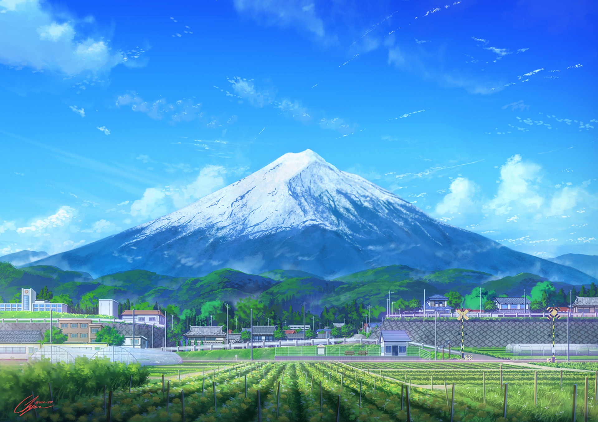 Laden Sie das Landschaft, Gebäude, Feld, Gebirge, Wolke, Original, Himmel, Fujisan, Animes-Bild kostenlos auf Ihren PC-Desktop herunter