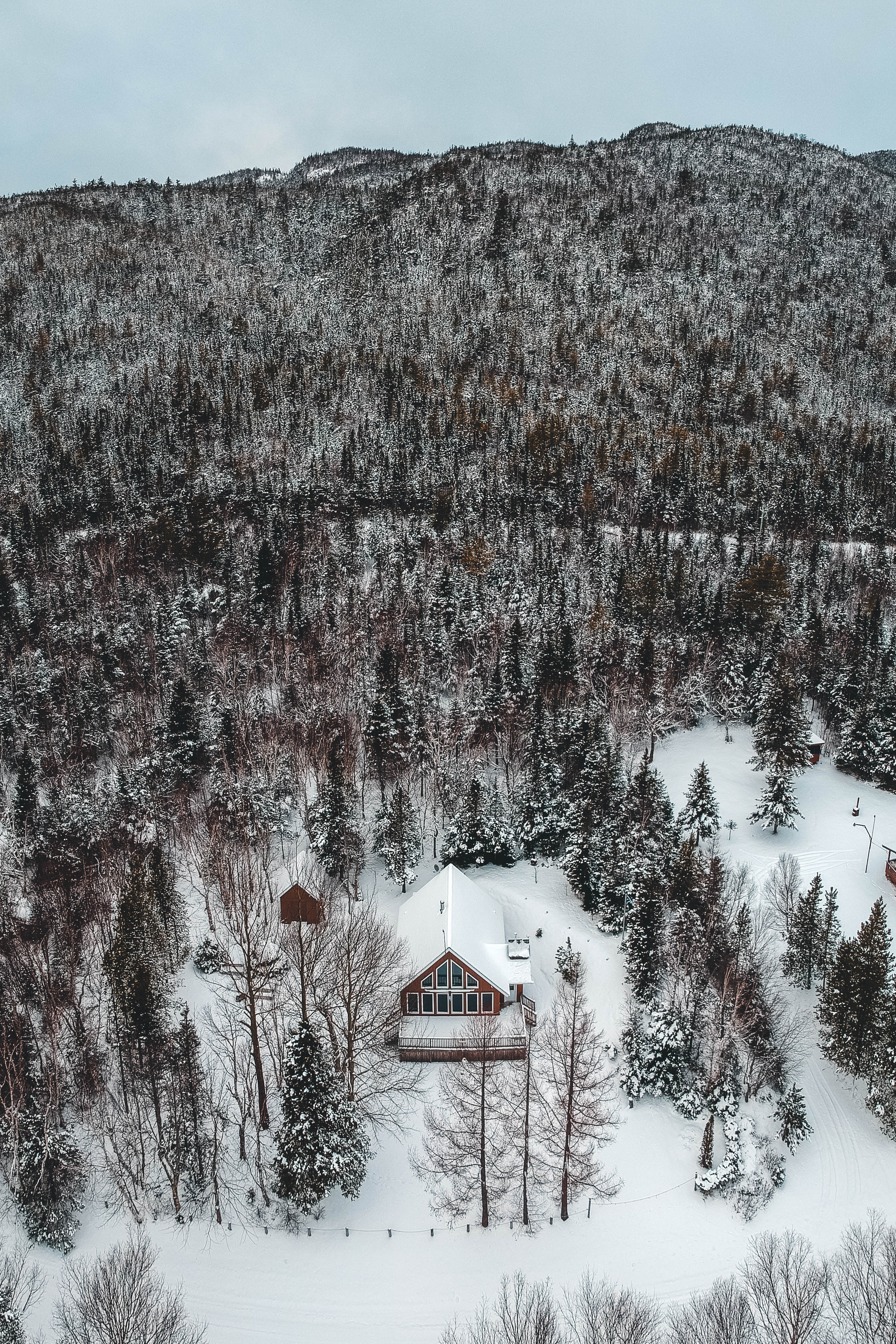 Free download wallpaper Trees, View From Above, Winter, Nature, Snow, Mountain, House on your PC desktop