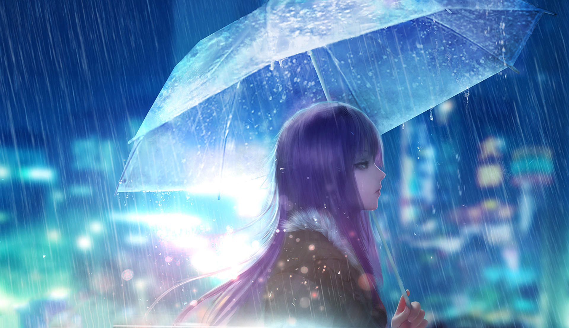 PCデスクトップに雨, 傘, アニメ, オリジナル, 紫髪画像を無料でダウンロード