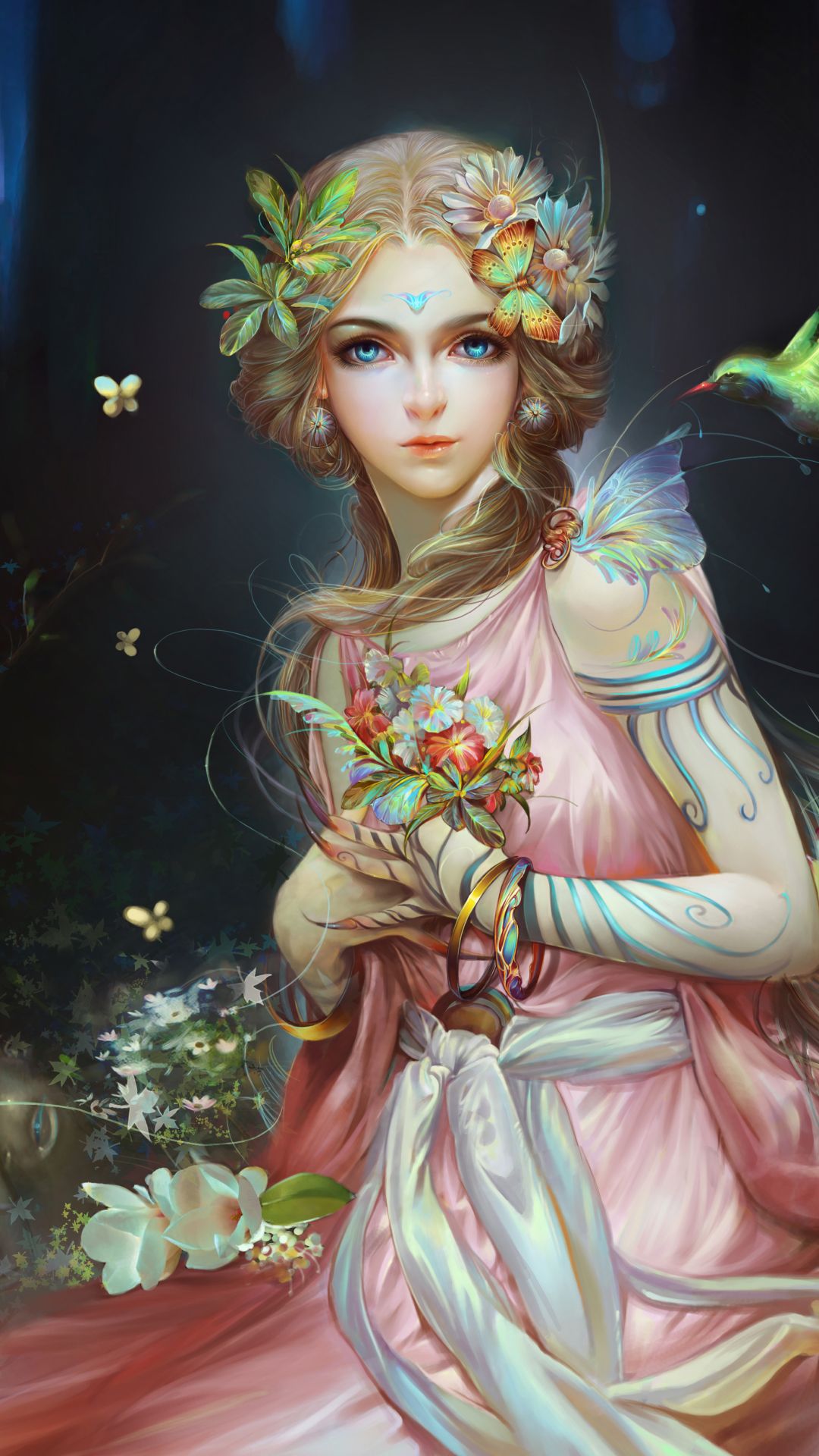 Download mobile wallpaper Fantasy, Bird, Colorful, Blonde, Fairy, Blue Eyes for free.