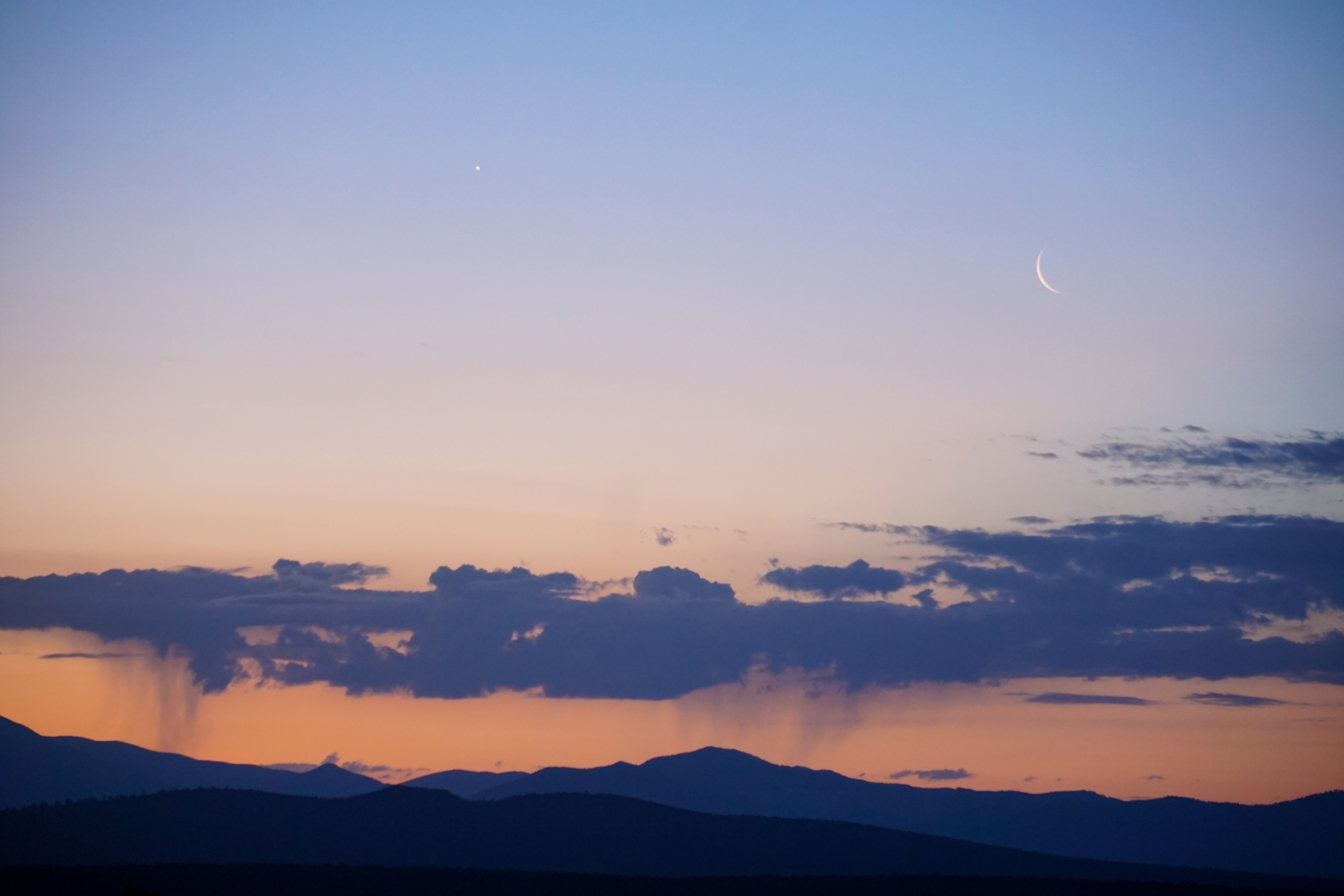 Download mobile wallpaper Dusk, Clouds, Nature, Evening, Twilight, Mountains, Landscape, Moon for free.