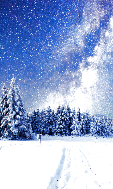 Download mobile wallpaper Winter, Nature, Sky, Stars, Snow, Forest, Milky Way, Sci Fi for free.