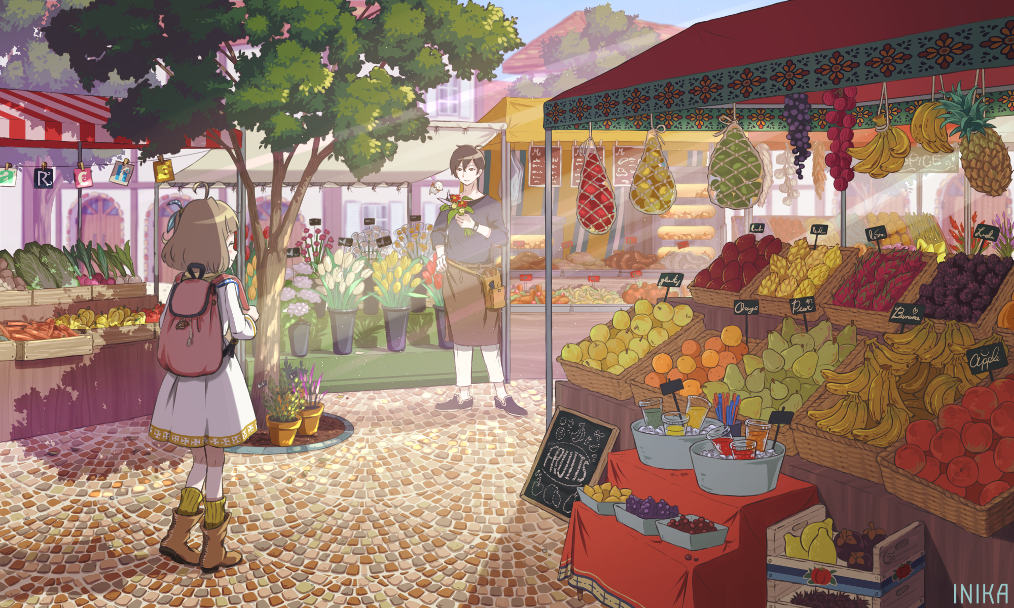Download mobile wallpaper Anime, Flower, Smile, Fruit, Bag, Vegetable, Original, Brown Hair, Short Hair for free.