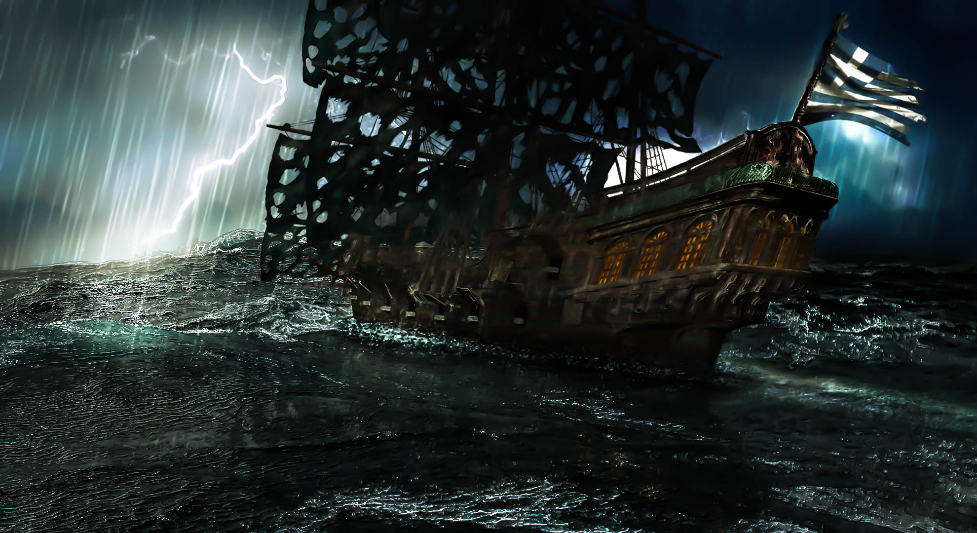 Download mobile wallpaper Fantasy, Lightning, Ship, Storm, Cloud, Greece for free.