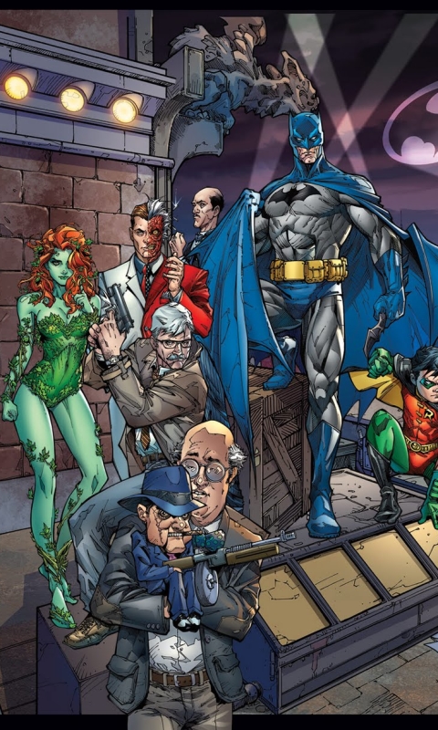 Скачати мобільні шпалери Бетмен, Джокер, Жінка Кішка, Комікси, Харлі Квінн, Отруйний Плющ, Робін (Dc Comics), Дволикий, Пінгвін (Dc Comics), Riddler (Dc Comics) безкоштовно.