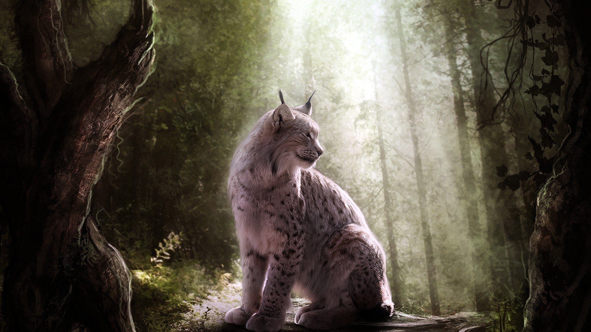 Free download wallpaper Fantasy, Forest, Cat, Tree, Sunlight, Lynx, Fantasy Animals on your PC desktop