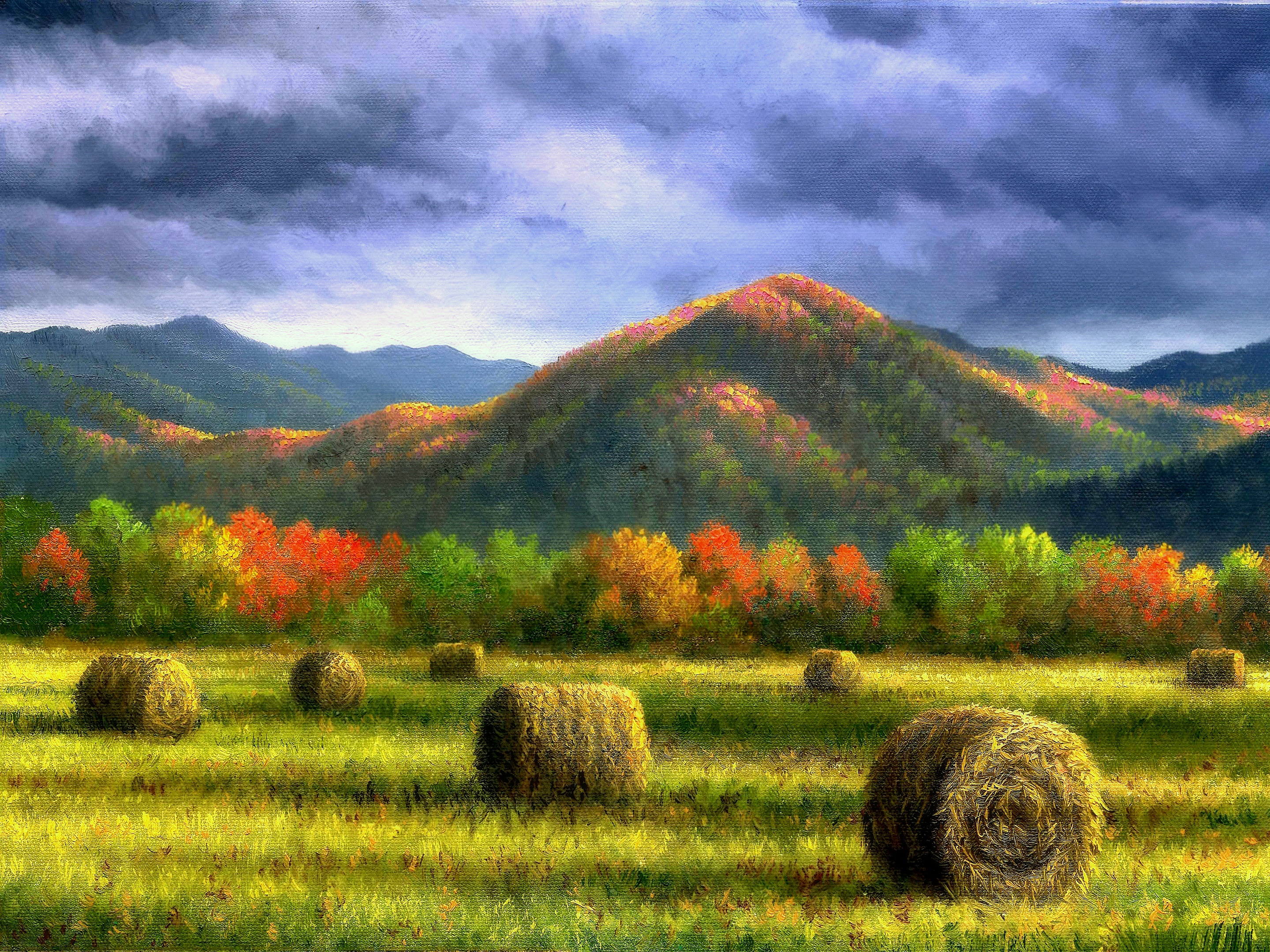artistic, painting, fall, forest, haystack, mountain