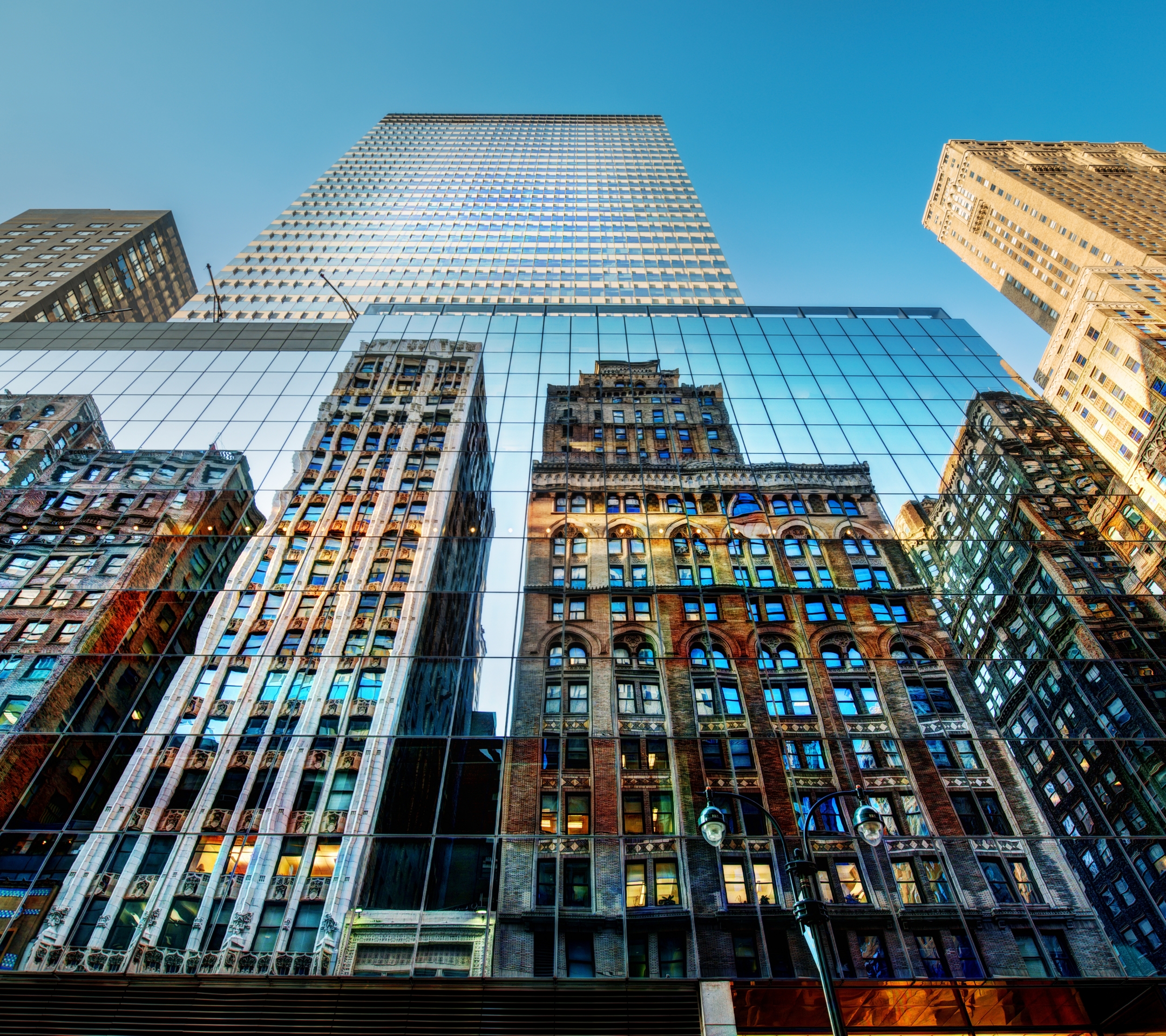 Download mobile wallpaper Cities, Architecture, Skyscraper, Building, Reflection, New York, Place, Man Made for free.