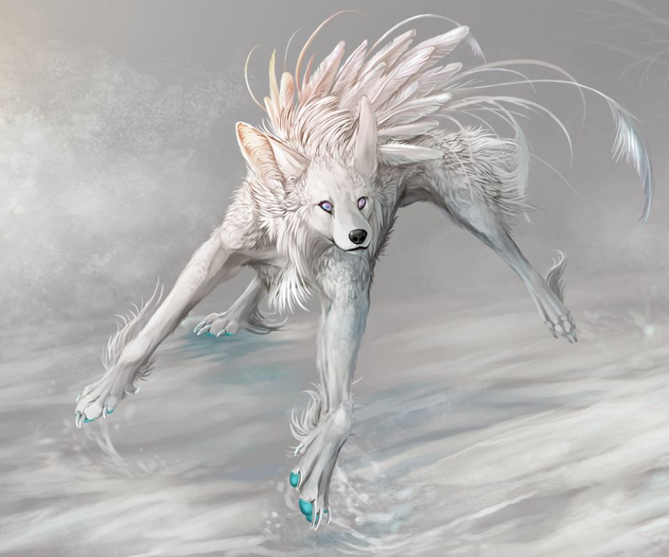Download mobile wallpaper Fantasy, Feather, Dog, Wolf, Animal, Fantasy Animals for free.