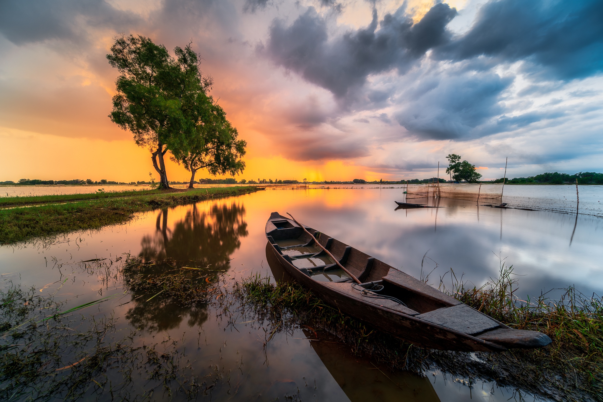 Free download wallpaper Sunset, Reflection, Boat, Cloud, River, Vehicles on your PC desktop