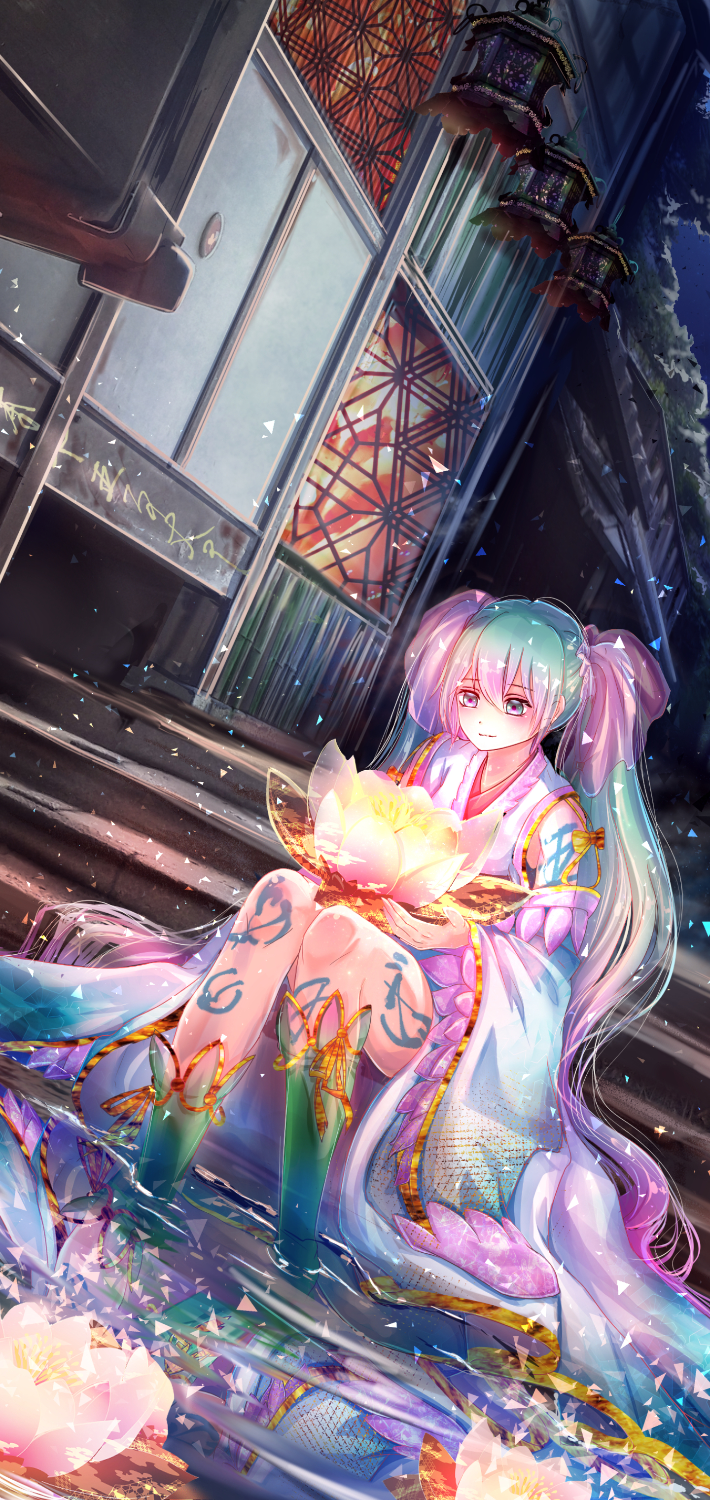 Download mobile wallpaper Anime, Water, Night, Flower, Vocaloid, Blue Hair, Hatsune Miku, Long Hair for free.